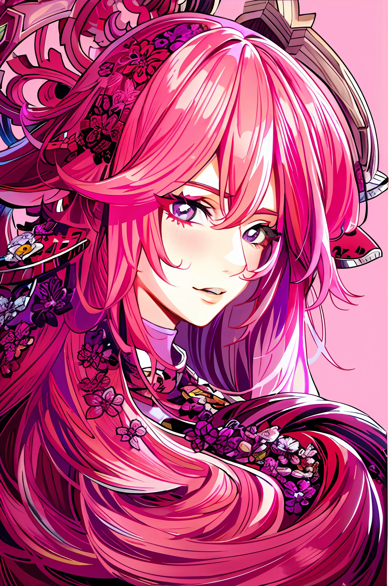 image colored, pink hair, purple eyes, yae miko