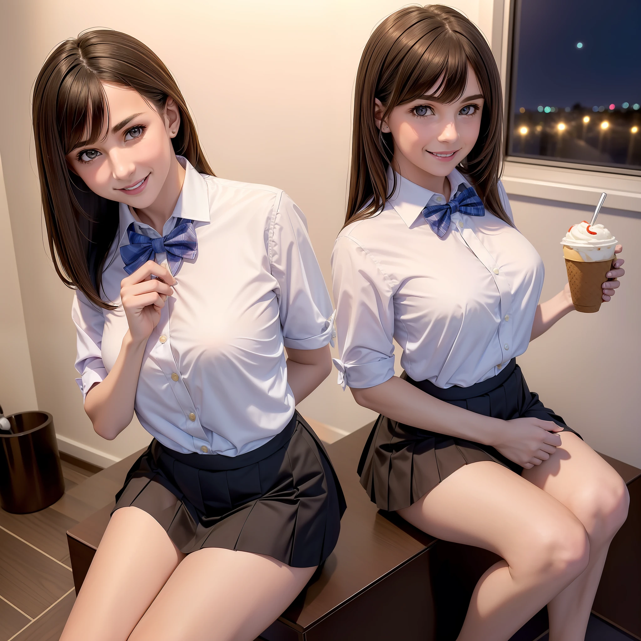 1 girl, (8k, RAW photo, best quality, masterpiece: 1.2), (realistic, photo-realistic: 1.37), ultra-detailed, beautiful, solo, beautiful detailed sky, detailed coffee, night, sitting, (flushed nose), (smile: 1.1), medium breasts, beautiful detailed eyes, long brown hair, (collared shirt: 1.1), bow tie, pleated skirt, (short hair: 1.2), long hair, taking big ice cream,