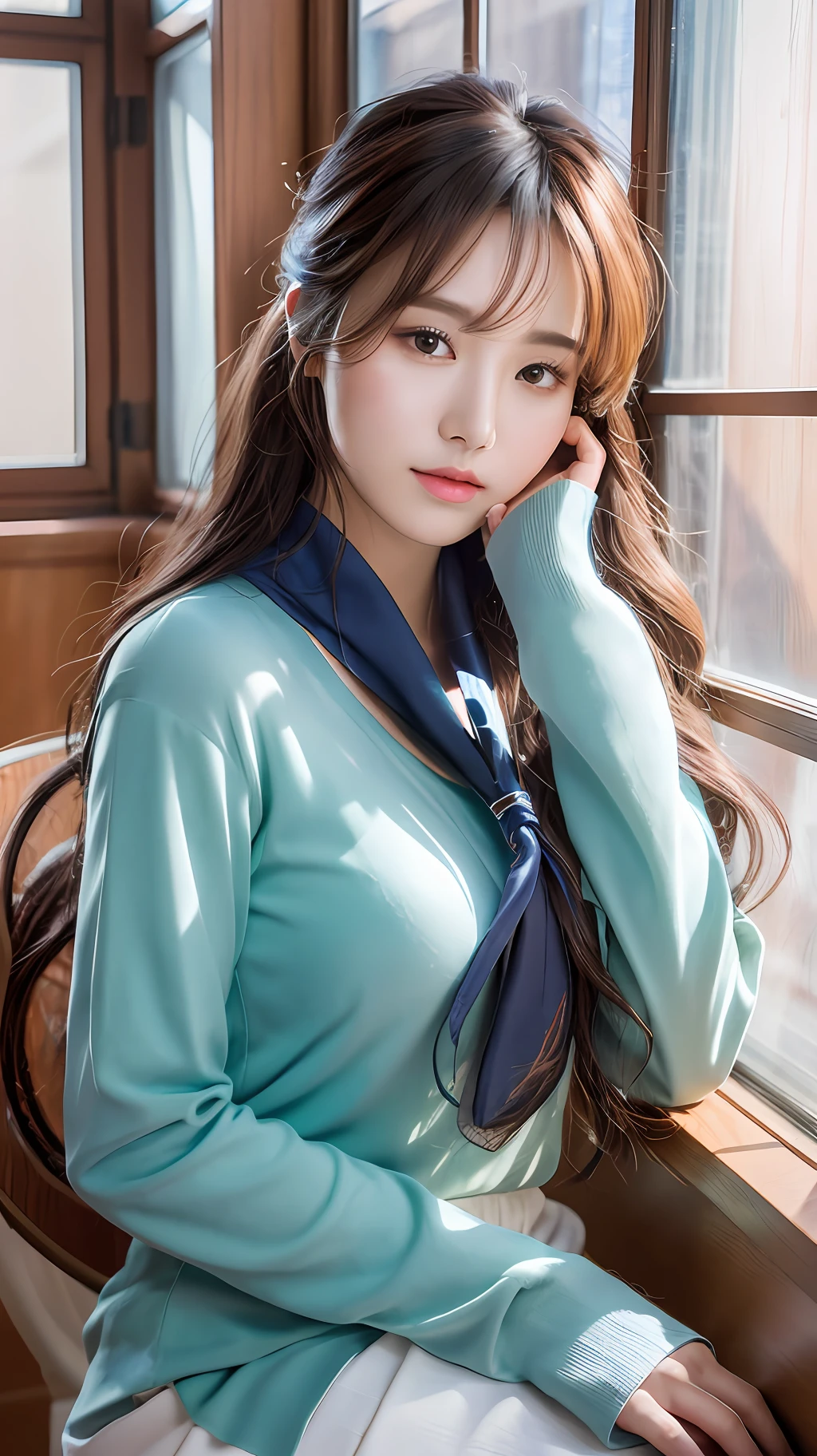 realistic photos of (1 cute Korean star) hair scarf, thin makeup, medium breasts size, long sleeve shirt, rest one's chin on one's hands, near the window, three sided view, f/16, 85mm, Canon, god rays, UHD, award winning, 16k