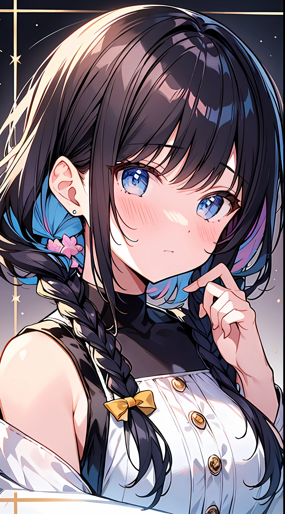 Top quality, masterpiece, high resolution, 8k, pastel colors, anime style girl, light clothes, girl 1 person, (covered one's cheek with one's hands): 1.4, blush, detailed line art, bright white and bright amber style, digital enhancement, anime core, flowing fabric, close-up, hair length and short braids to the shoulder opening, beautiful black hair, Bust-up
