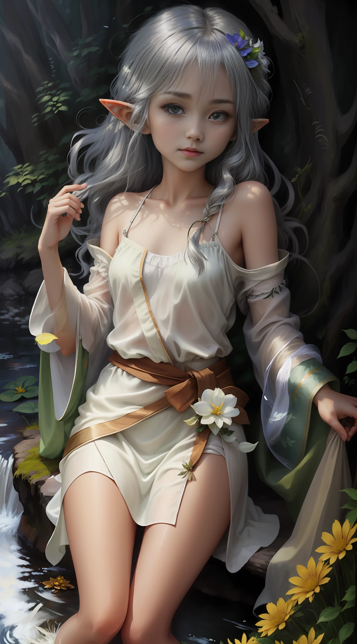 (Fairy of the Wind) 1? old girl, fluttering in the wind, steppe, forest, water lake, thin robe, light clothing, wearing nothing, beautiful head, one girl, alone, small, long hair, silver hair, slim body, whole body, delicate skin, clear white skin, cinematic lighting, morning sun, slender fingers, beautiful face, film light, light relative, elf, flying, floating, wind, flowers,