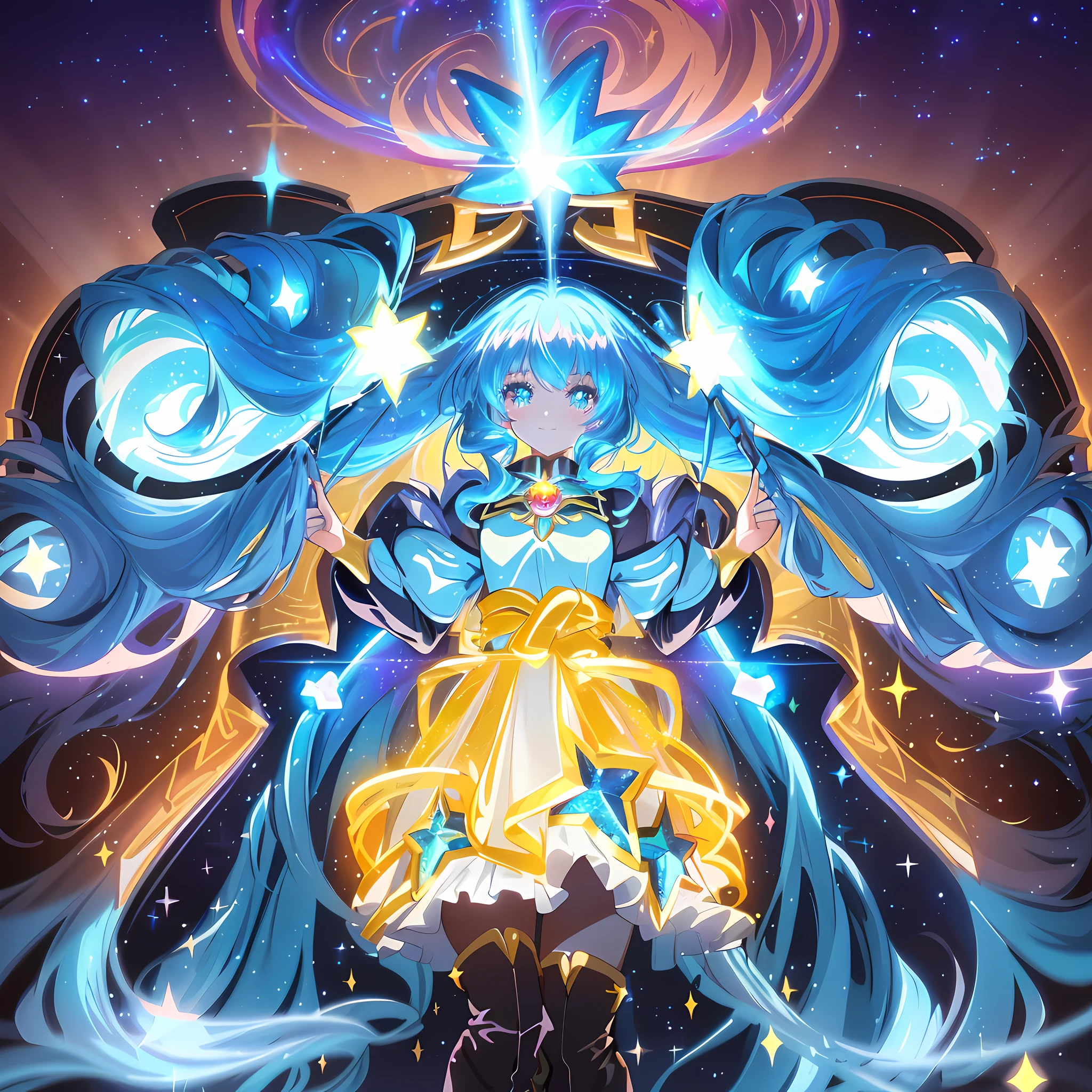 Blue hair, (magical girl)), ((gorgeous starry sky background), ((super detailed)), (best illustration), ((cinematic lighting)), dynamic angle, floating, fine, (Glitter: 1.2), (Glow: 1.2), (Glow: 1.2), (Glow: 1.2), (Glow: 1.2), (Exquisite), (Illustration: 1.2), (Animation Style), (Solo), Pretty Detailed Emoji, (Cute Face: 1.3), (Big Eyes)), Color Hair, (Long Hair: 1.2), (Flowing Hair: 1.2), (Magical Girl Costume), Details, (Shiny Wand: 1.3), (Magic Effect: 1.3), (Flowing Dress: 1.2), (Cute Boots: 1.1), (Twinkle: 1.2), (Glow: 1.2), (Glow: 1.2) , (sparkle: 1.2), (sparkle: 1.2), (sparkle: 1.2), (shimmer: 1.2,