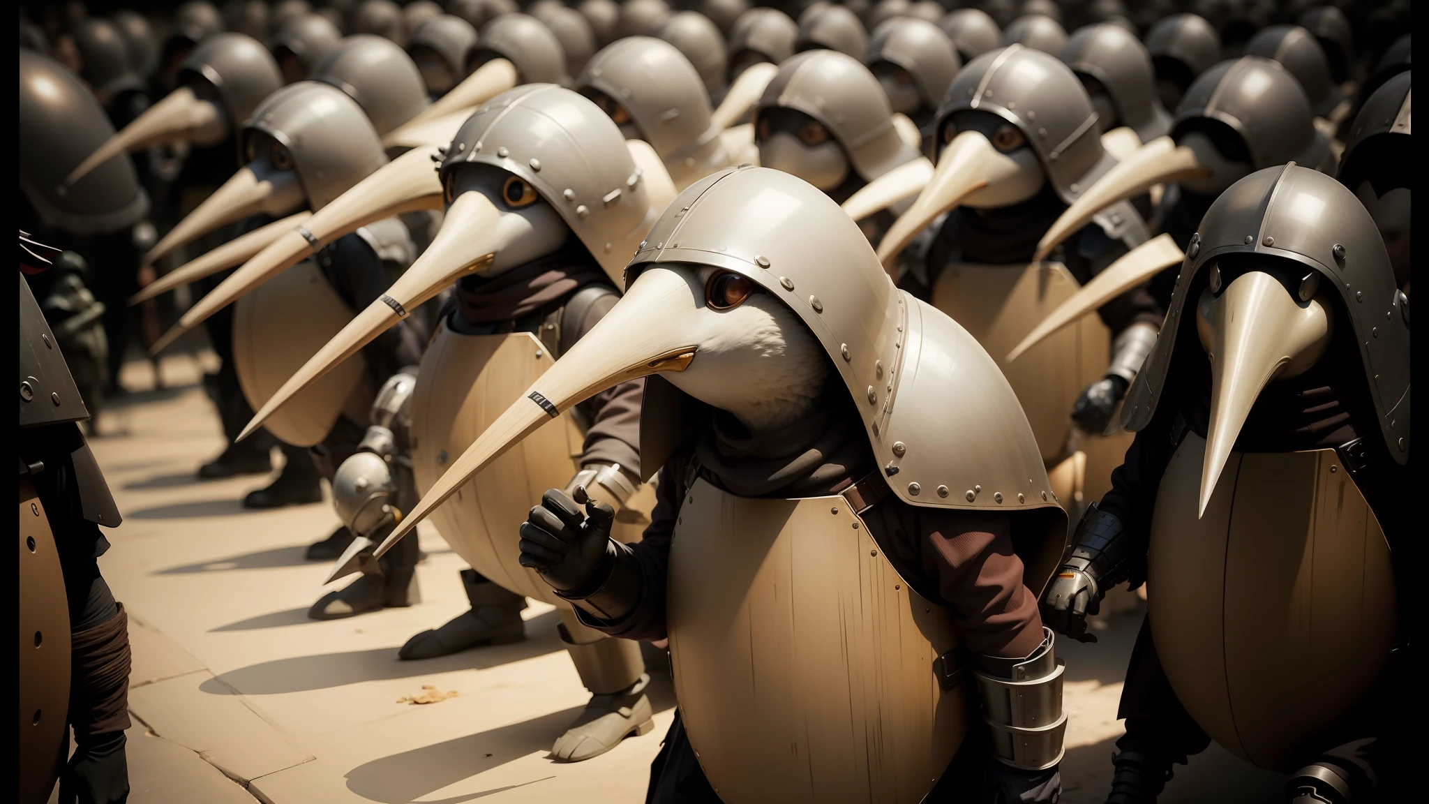 there are many people dressed in costumes and helmets walking together, shaun tan. hyperrealism, clothed in battle armor, still from a music video, stylized character design, in screenshot from the 300 movie, mousefolk, by Kōno Michisei, penguins, armed, 4 k high - resolution photograph, inspired by Michael Cheval, #conceptart --auto --s2