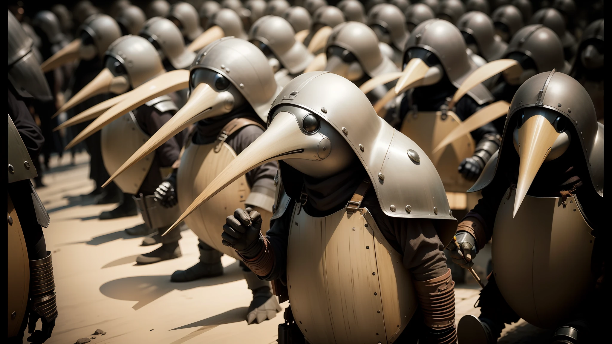 there are many people dressed in costumes and helmets walking together, shaun tan. hyperrealism, clothed in battle armor, still from a music video, stylized character design, in screenshot from the 300 movie, mousefolk, by Kōno Michisei, penguins, armed, 4 k high - resolution photograph, inspired by Michael Cheval, #conceptart --auto --s2