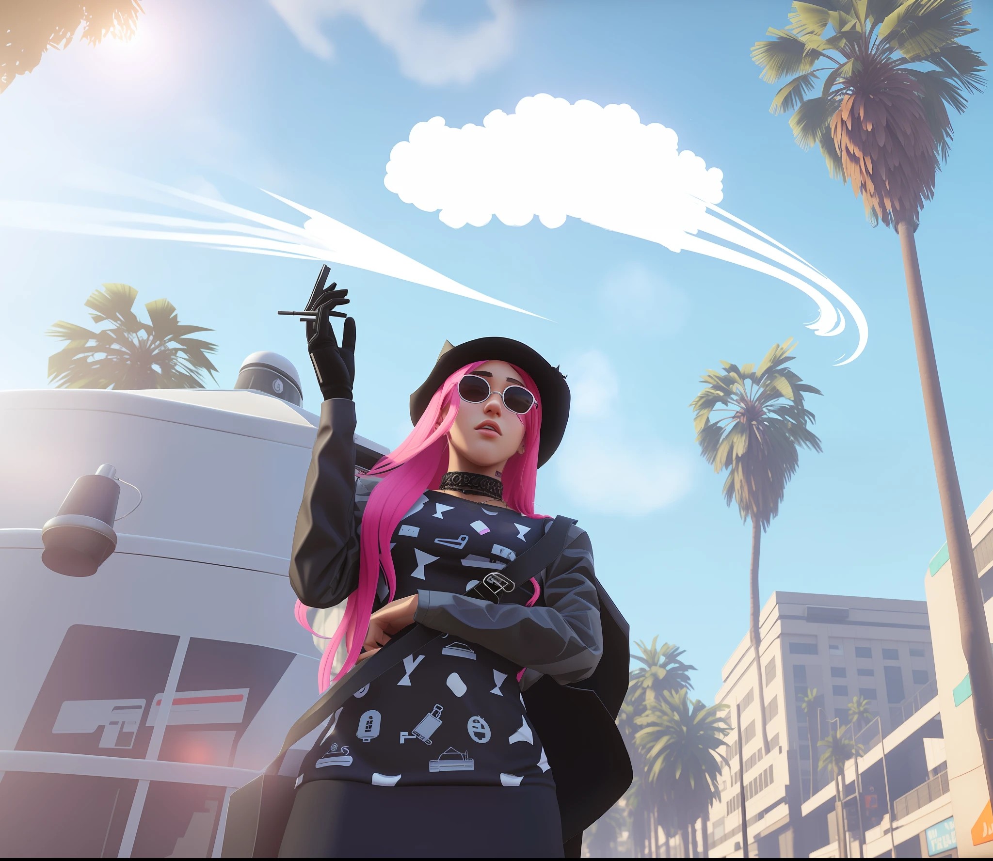 there is a woman in a dress and hat holding a cell phone, gta v street style, as a character from gtav, style of gta v, ariana grande in gta v, gta character, gta5 style, gothic city streets behind her, inspired by L. A. Ring, gta v character, mall goth, fashion gameplay screenshot, smoke on the street --auto --s2
