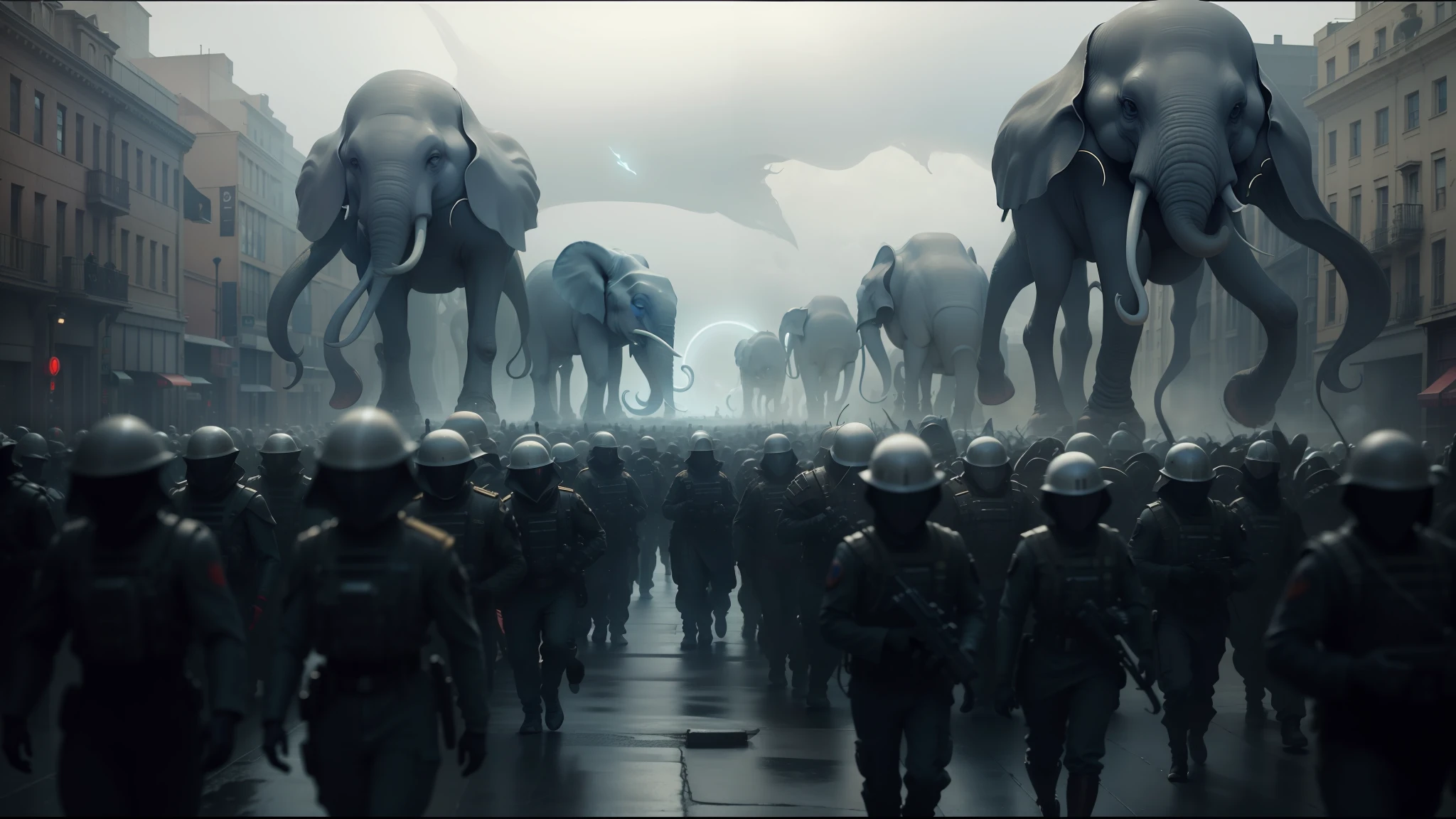 there are many people walking down the street with giant elephants, still from the movie the arrival, white alien squid, an concept art of the tau queen, in formation, screenshot from a movie, with multiple eyes, style of stranger things, made in maya and photoshop, accurate fictional proportions, black fog, military parade, creepy aesthetic, cute cthulhu, xenobiology --auto --s2