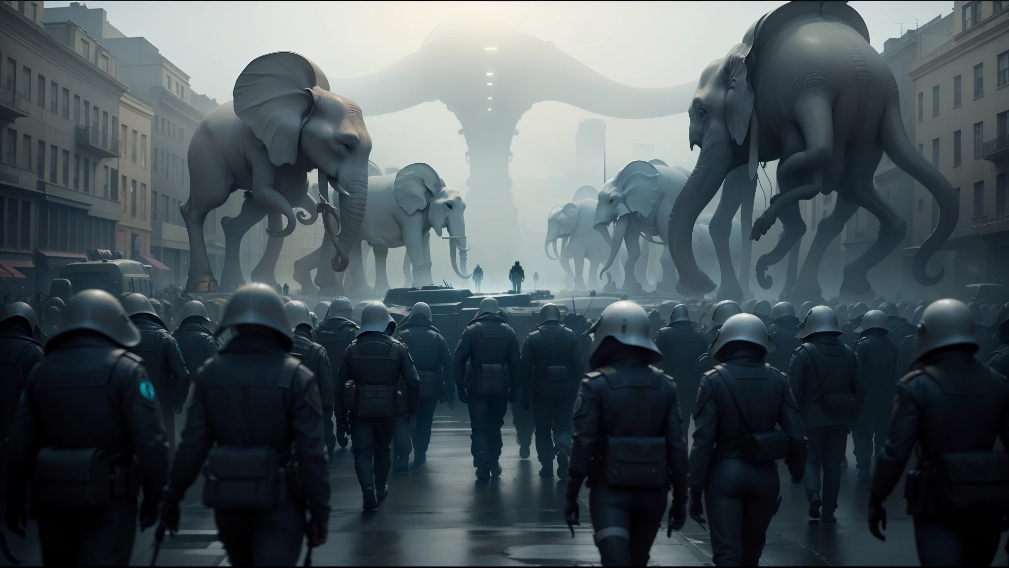 there are many people walking down the street with giant elephants, still from the movie the arrival, white alien squid, an concept art of the tau queen, in formation, screenshot from a movie, with multiple eyes, style of stranger things, made in maya and photoshop, accurate fictional proportions, black fog, military parade, creepy aesthetic, cute cthulhu, xenobiology --auto --s2
