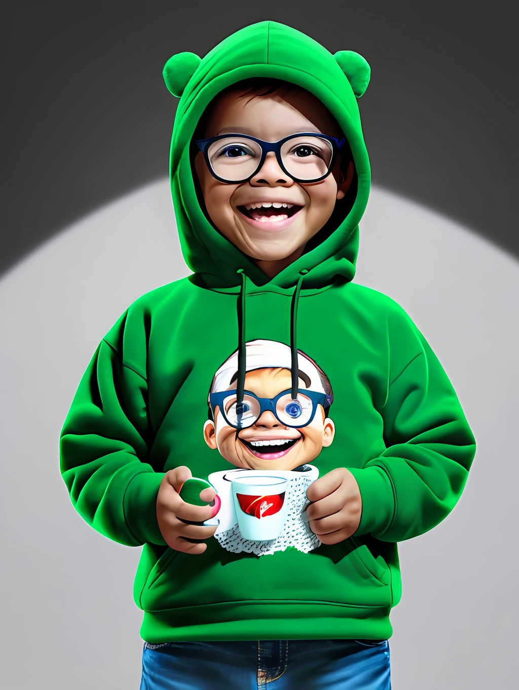 GuttonerdVision3, portrait of a happy 3-year-old boy wearing detailed glasses, face and skin, in plush hooded Eskimo clothing, with a hot cup of coffee in his hands.  The ultra realistic and detailed scene. Drawing with the touch of designer Alex Ross, UHD, depth of field