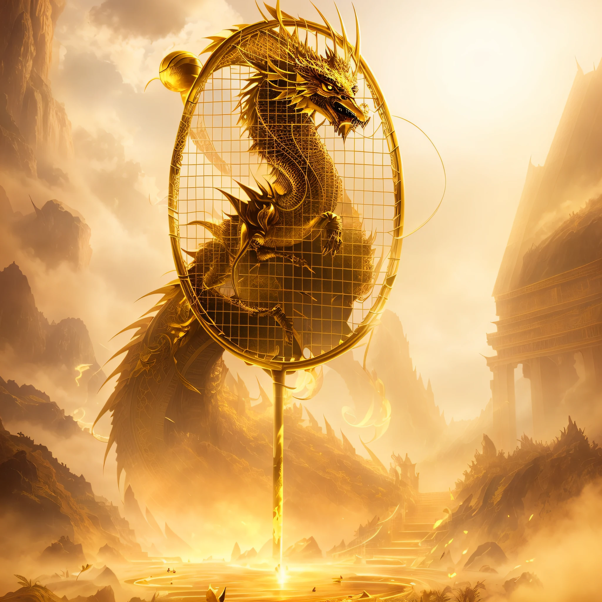 There is a golden dragon holding a tennis racket in his hand, Chinese golden dragon concept art, golden Chinese dragon fantasy, golden dragon, golden dragon in background, dragon staff, DND fantasy art, DND fantasy digital art, dragon art, Alexander Bogen, fantasy art behance, rushing through the dragon's lair, realistic fantasy illustration