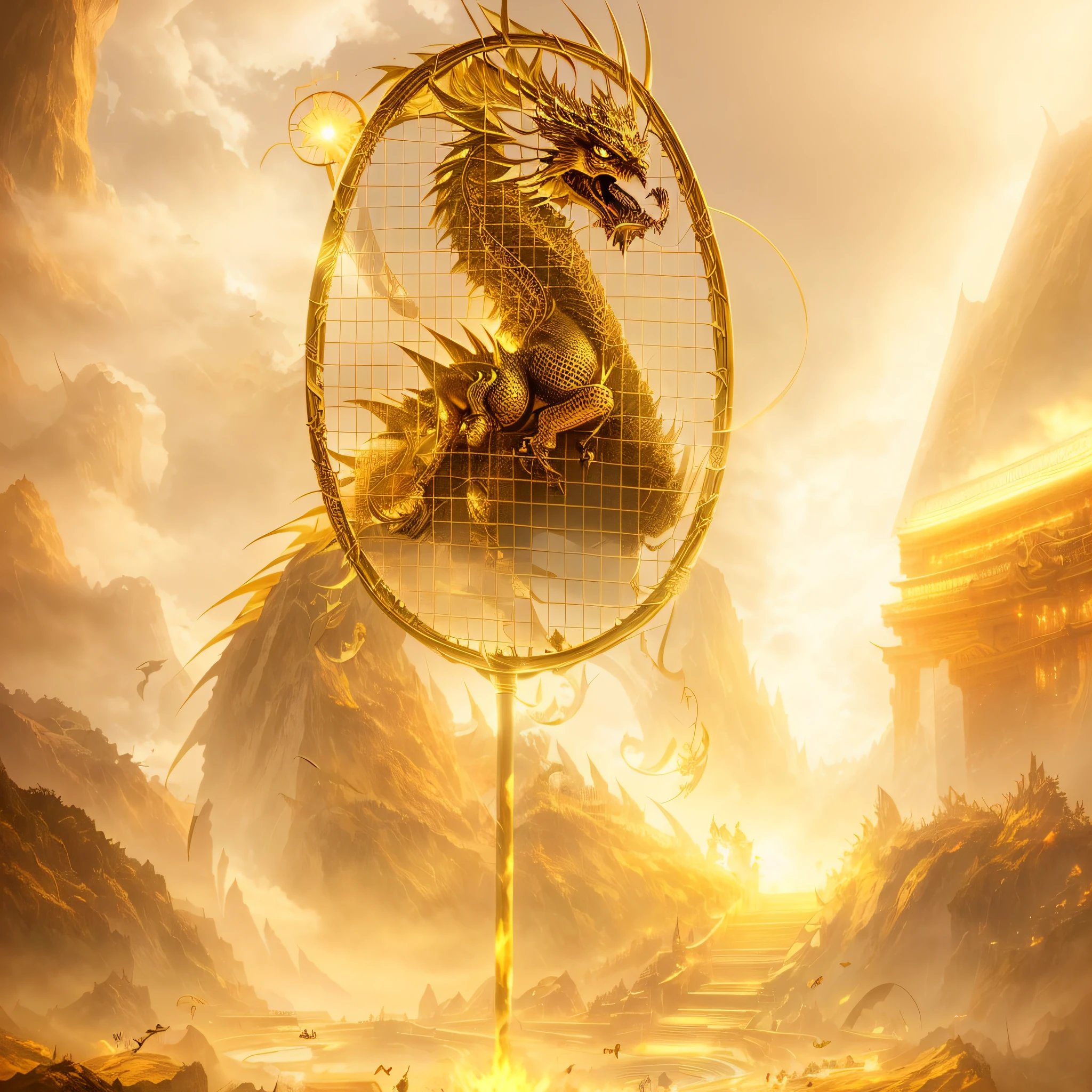 There is a golden dragon holding a tennis racket in his hand, Chinese golden dragon concept art, golden Chinese dragon fantasy, golden dragon, golden dragon in background, dragon staff, DND fantasy art, DND fantasy digital art, dragon art, Alexander Bogen, fantasy art behance, rushing through the dragon's lair, realistic fantasy illustration