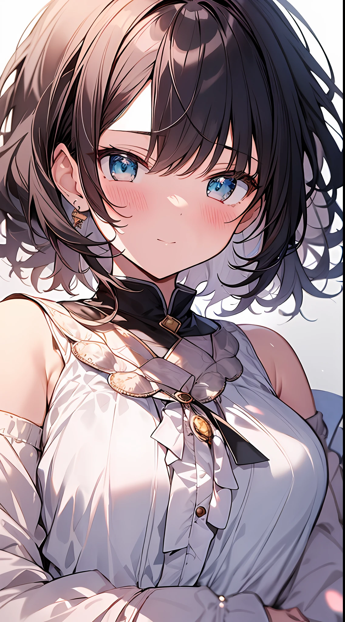 Top quality, masterpiece, high resolution, 8k, pastel colors, anime style girl, light clothes, girl 1 person, (covered one's cheek with one's hands): 1.4, blush, detailed line art, bright white and bright amber style, digital enhancement, anime core, flowing fabric, close-up, hair length and short braids to the shoulder opening, beautiful black hair, Angle from which you can see the whole body