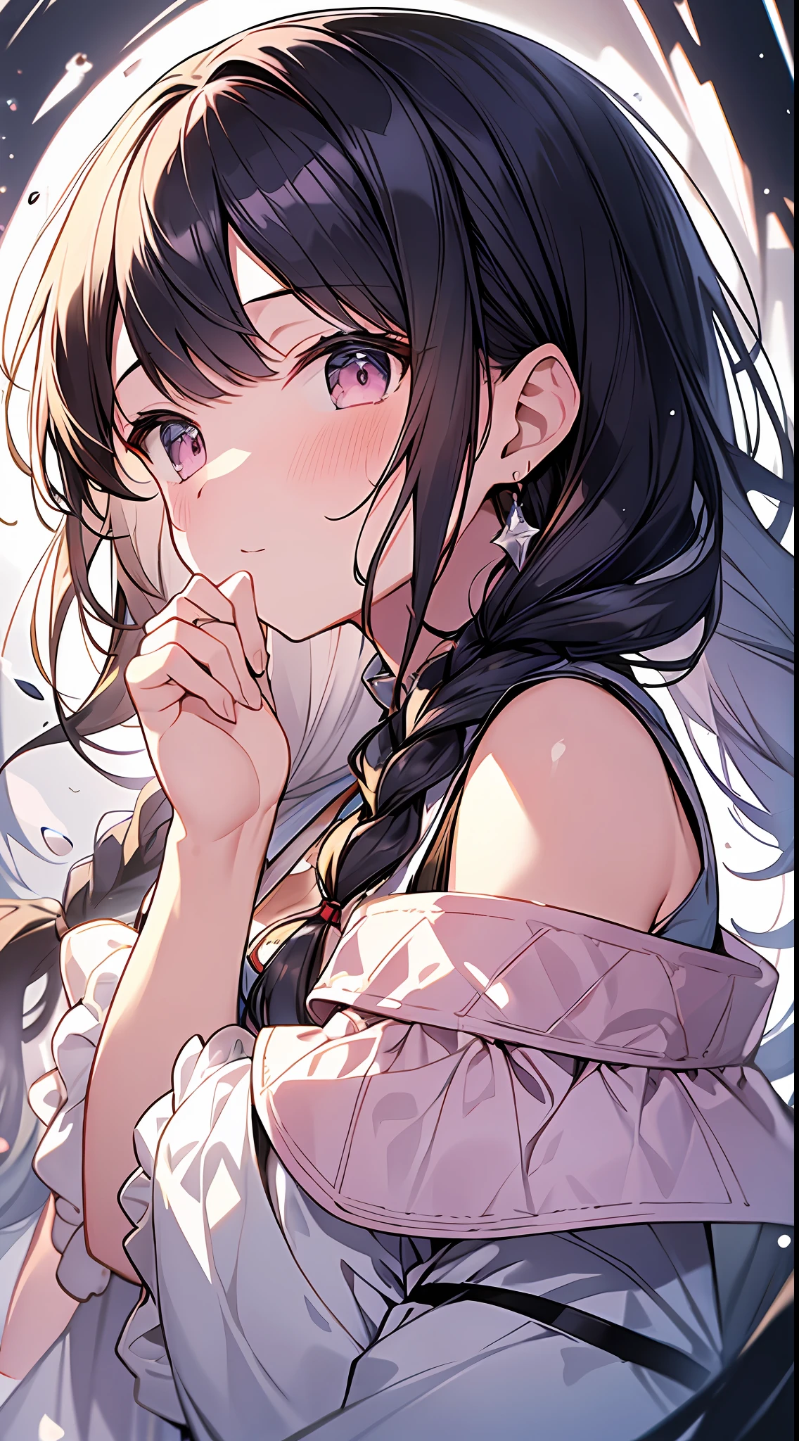 Top quality, masterpiece, high resolution, 8k, pastel colors, anime style girl, light clothes, girl 1 person, (covered one's cheek with one's hands): 1.4, blush, detailed line art, bright white and bright amber style, digital enhancement, anime core, flowing fabric, close-up, hair length and short braids to the shoulder opening, beautiful black hair, Angle from which you can see the whole body