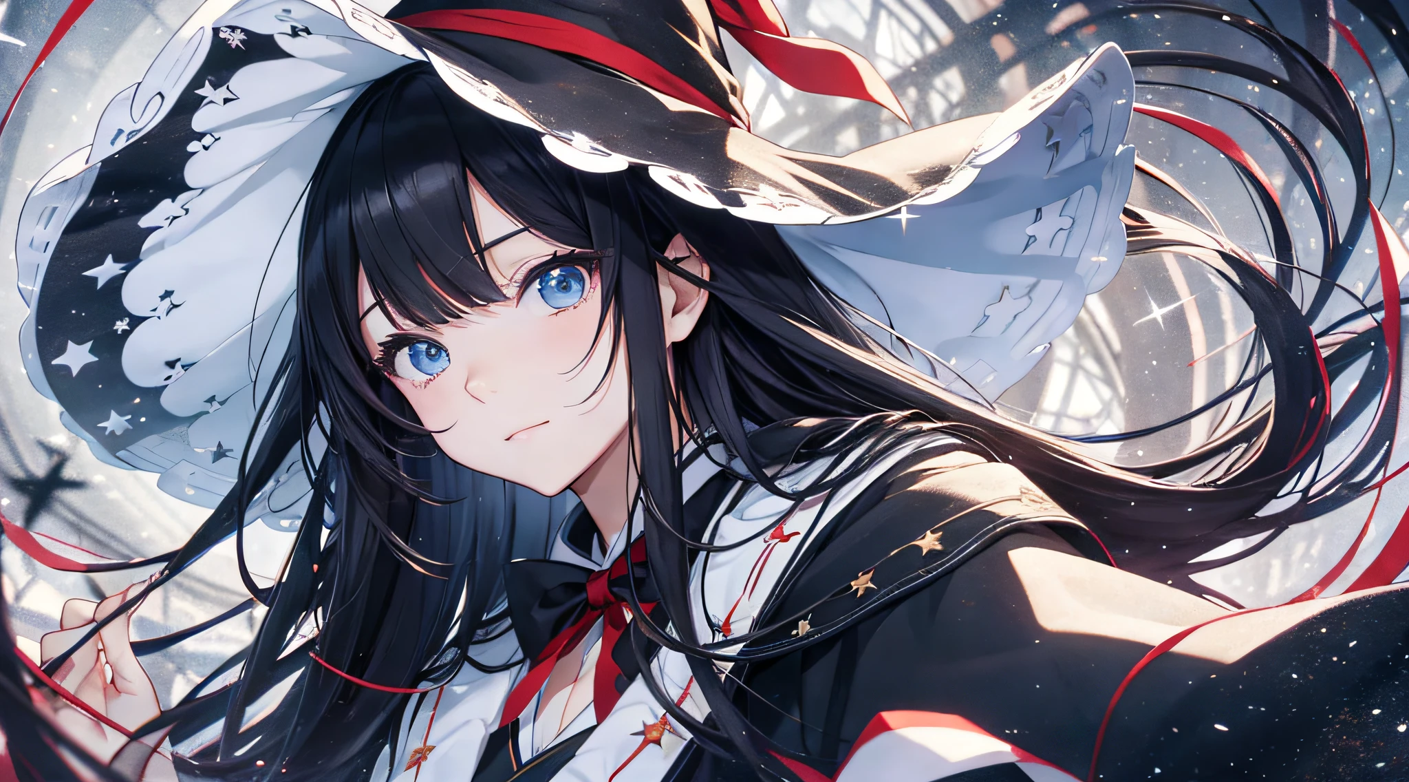 Franmajono Tabitabi, 1 girl,anime style, open eyes, blue eyes,, bangs covering one eye, happy, star brooch, red ribbon, upper body,black hair, long hair, black witch robes, white shirt, witch hat with star decorations, mature woman, chromatic aberration, pastel, black robe, real world location, chinese background,bust up,autumn, sunlight, mottled sunlight, teacher, --auto --s2