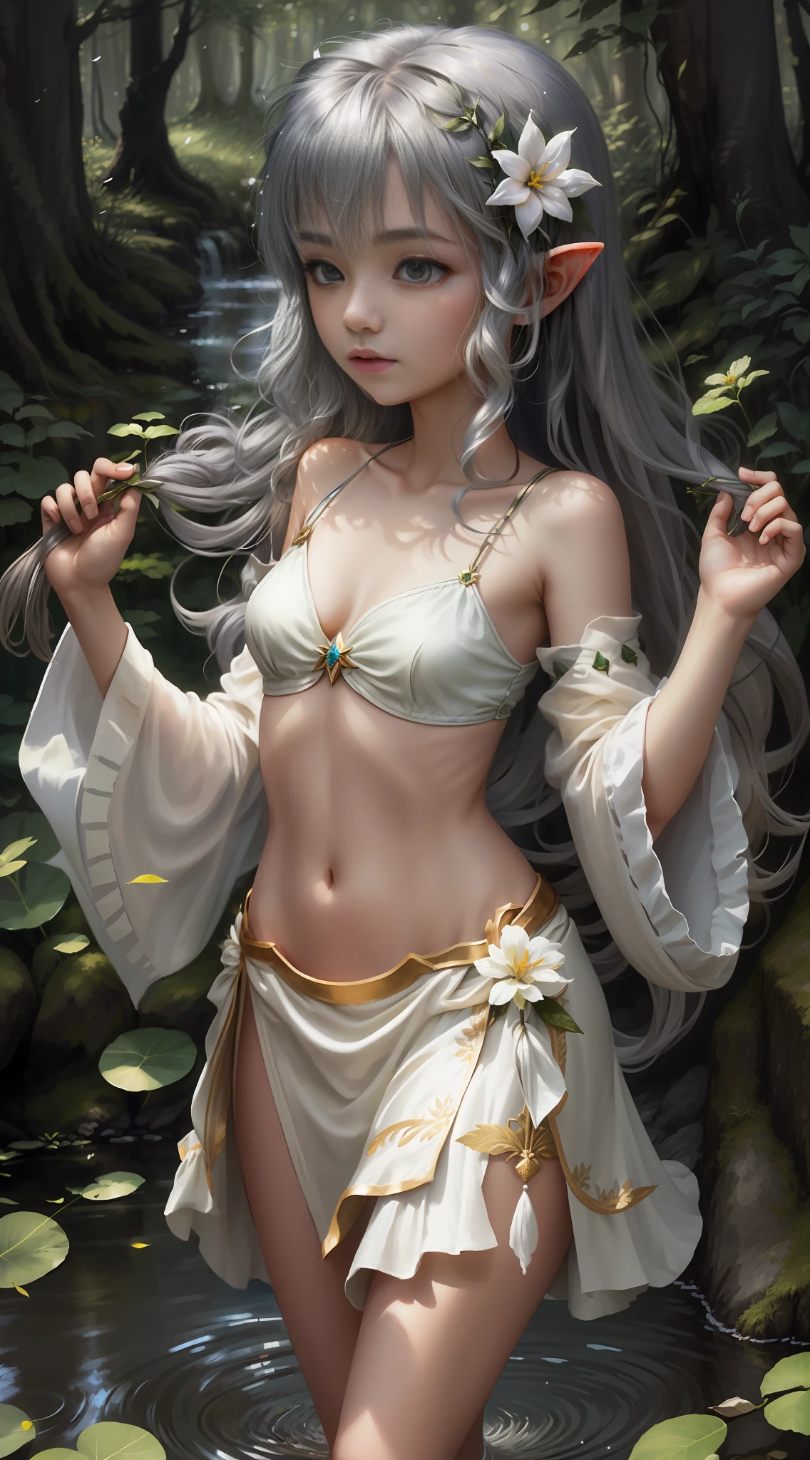 (Fairy of the Wind) 1? old girl, fluttering in the wind, steppe, forest, water lake, thin robe, light clothing, wearing nothing, beautiful head, one girl, alone, small, long hair, silver hair, slim body, whole body, delicate skin, clear white skin, cinematic lighting, morning sun, slender fingers, beautiful face, film light, light relative, elf, flying, floating, wind, flower, bright, blur,