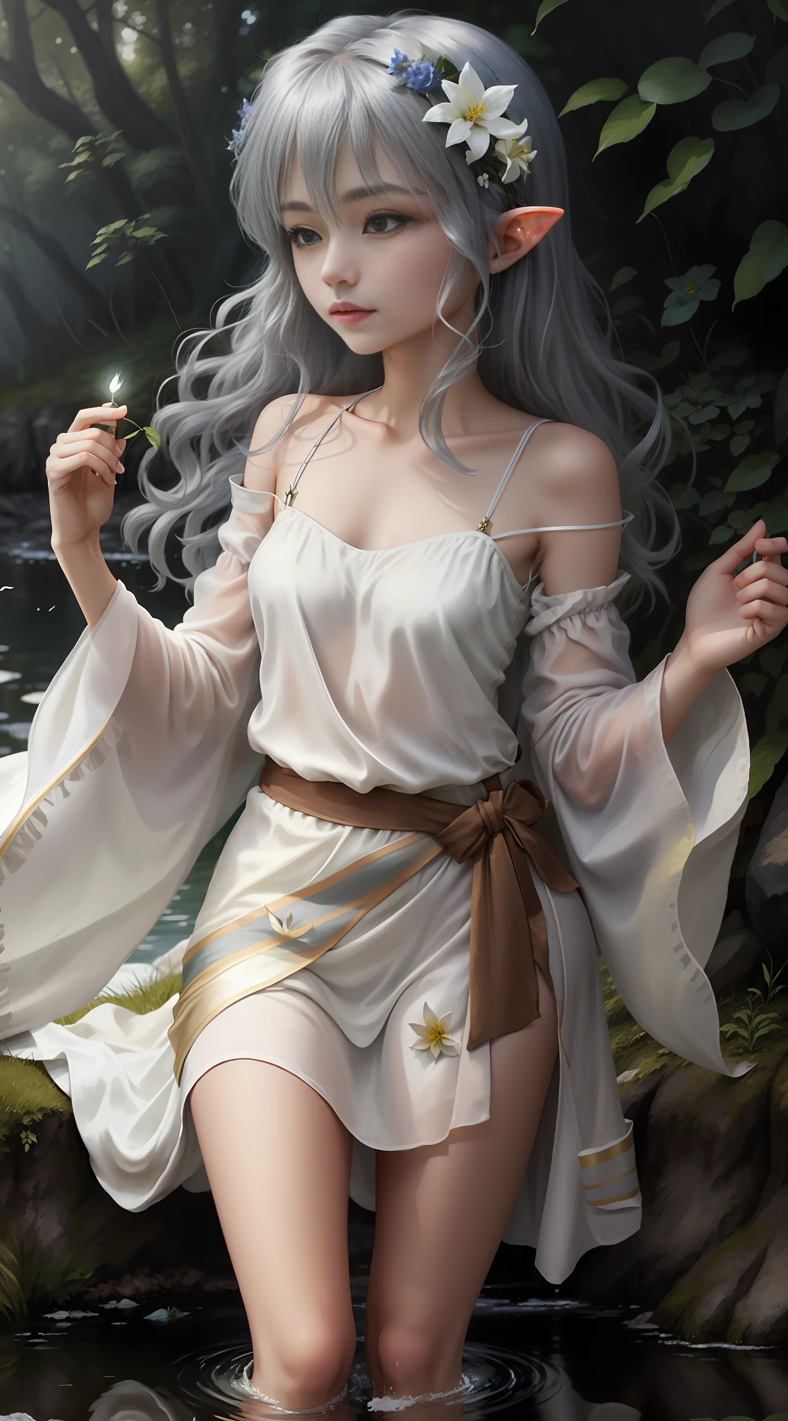 (Fairy of the Wind) 1? old girl, fluttering in the wind, steppe, forest, water lake, thin robe, light clothing, wearing nothing, beautiful head, one girl, alone, small, long hair, silver hair, slim body, whole body, delicate skin, clear white skin, cinematic lighting, morning sun, slender fingers, beautiful face, film light, light relative, elf, flying, floating, wind, flower, bright, blur,