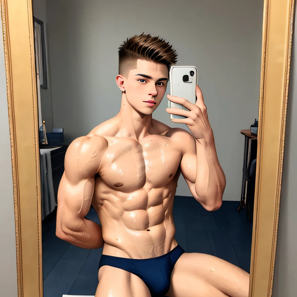 masterpiece, best quality, ultra detailed, realistic, sfw, 1boy, an attractive 18 years old fit caucasian boy sitting in front of a mirror taking selfie, flexing pose, ((sweat)), shirtless, wearing tight jockstrap, big bulge, vpl, smug, full body shot,