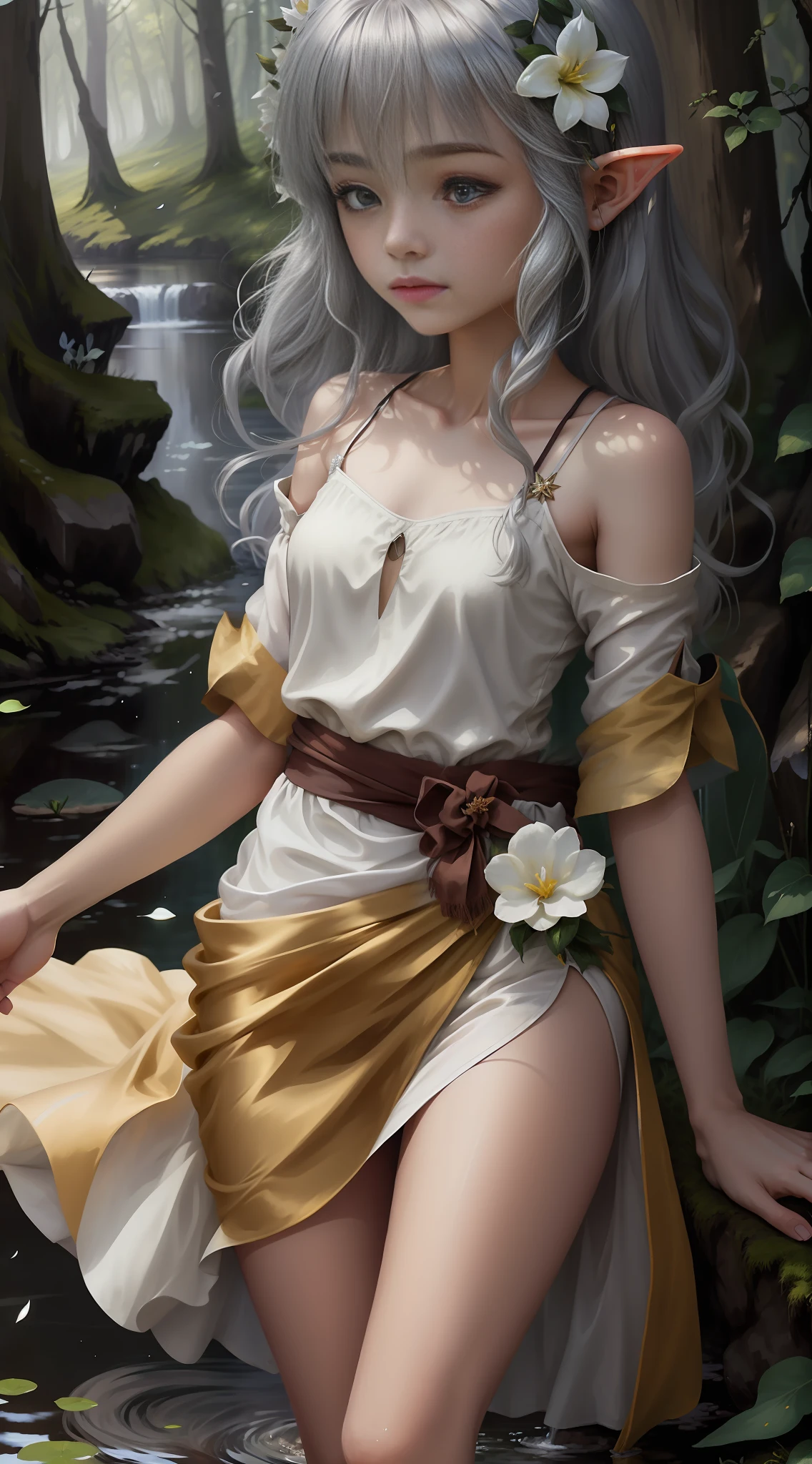 (Fairy of the Wind) 1? old girl, fluttering in the wind, steppe, forest, water lake, thin robe, light clothing, wearing nothing, beautiful head, one girl, alone, small, long hair, silver hair, slim body, whole body, delicate skin, clear white skin, cinematic lighting, morning sun, slender fingers, beautiful face, film light, light relative, elf, flying, floating, wind, flower, bright, blur,