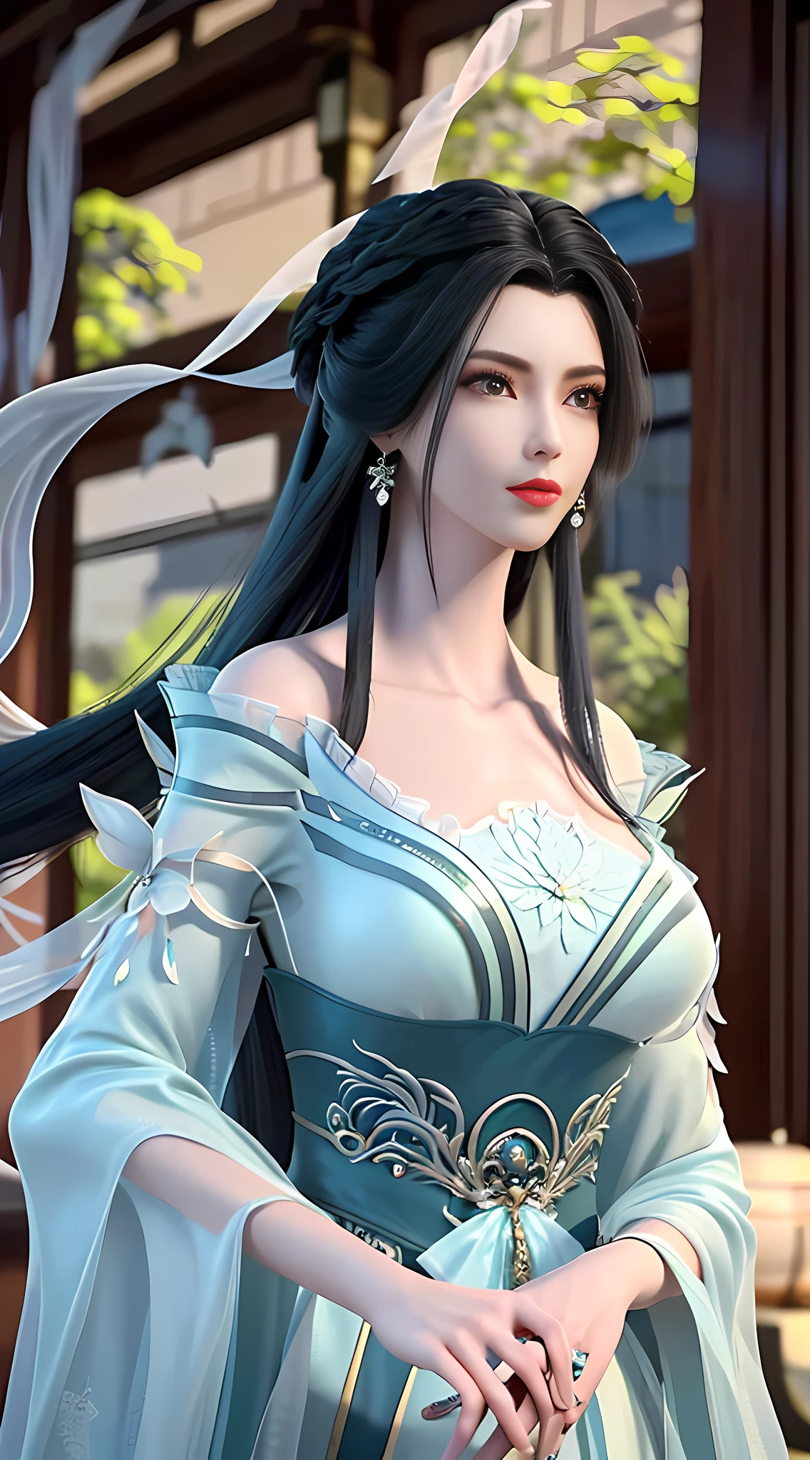 (Best Quality, Masterpiece: 1.2), Ultra High Resolution, Realistic, Front Lighting, Intricate Details, Exquisite Details and Textures, 1girl, Solo, (Young), Facial Highlight, Upper Body, Detail Face, Tear Mole, White Skin, Silver Hair, High Ponytail, Looking at the Audience, Big Eyes, Silk Hanfu, (Openwork Pattern, White, Silk), Earrings, Big Breasts, Slim Figure, Chang'an Avenue, Professional Lighting, Photon Mapping, Light Energy Transfer, Physically Based Rendering,