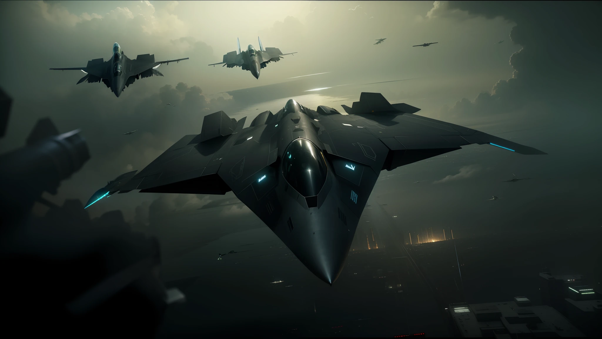 there are three fighter jets flying in the sky above a city, in roger deakins style, birds f cgsociety, dark sci-fantasy, f-22, still image from the movie, with robotic arms, stingrays, silver insignia, cgi cutscene, sinister looking, dark imagery --auto --s2