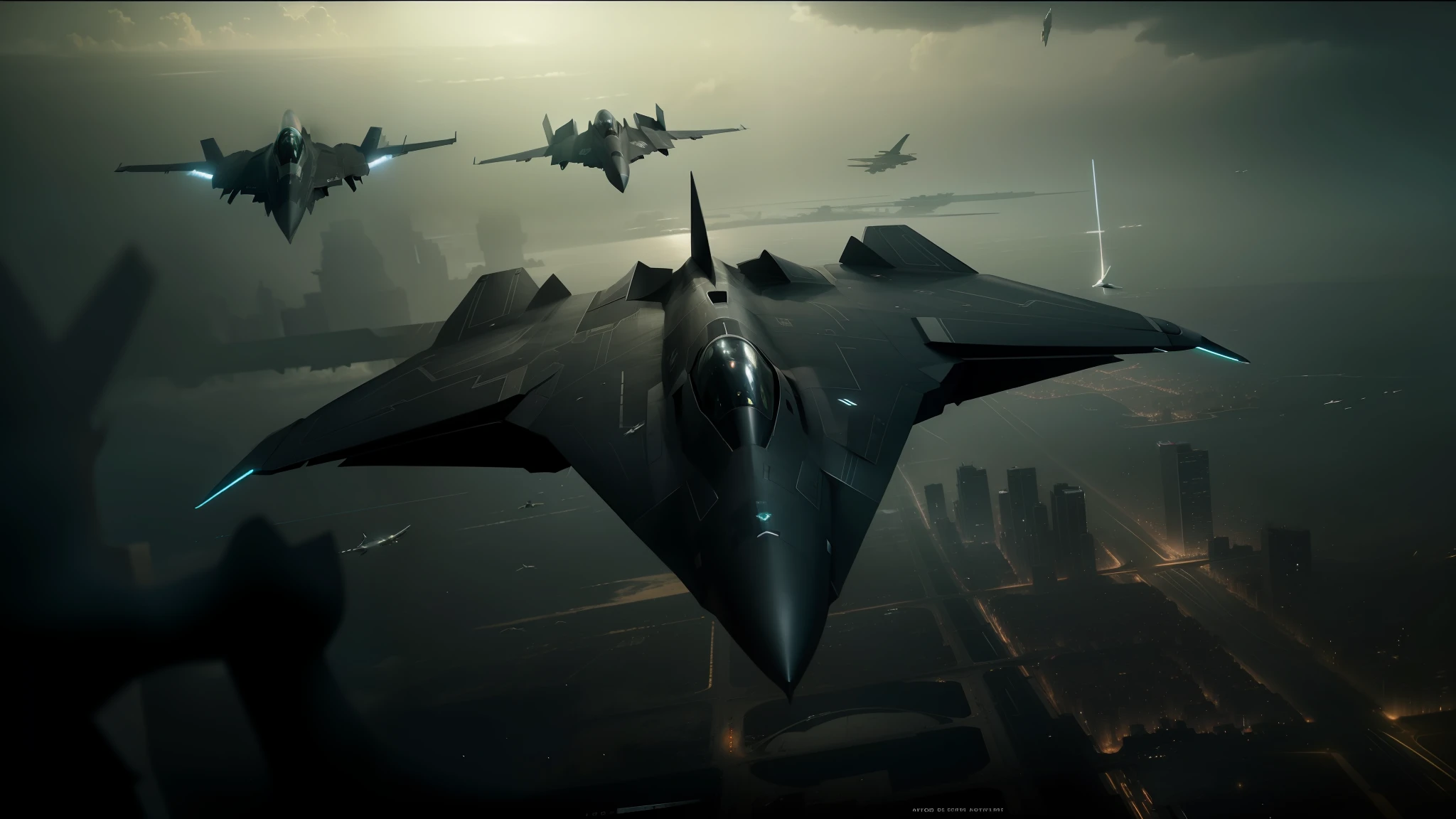 there are three fighter jets flying in the sky above a city, in roger deakins style, birds f cgsociety, dark sci-fantasy, f-22, still image from the movie, with robotic arms, stingrays, silver insignia, cgi cutscene, sinister looking, dark imagery --auto --s2