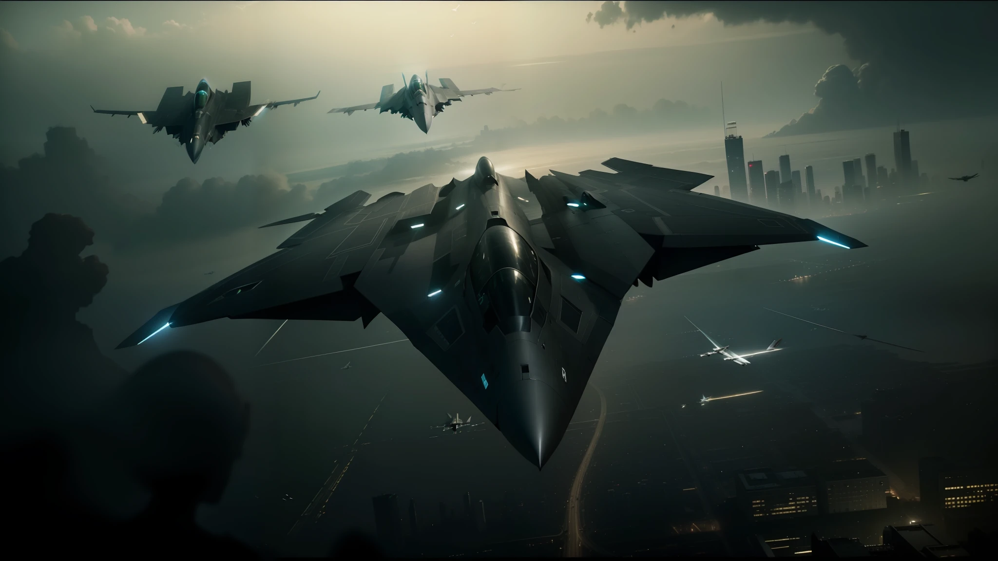 there are three fighter jets flying in the sky above a city, in roger deakins style, birds f cgsociety, dark sci-fantasy, f-22, still image from the movie, with robotic arms, stingrays, silver insignia, cgi cutscene, sinister looking, dark imagery --auto --s2