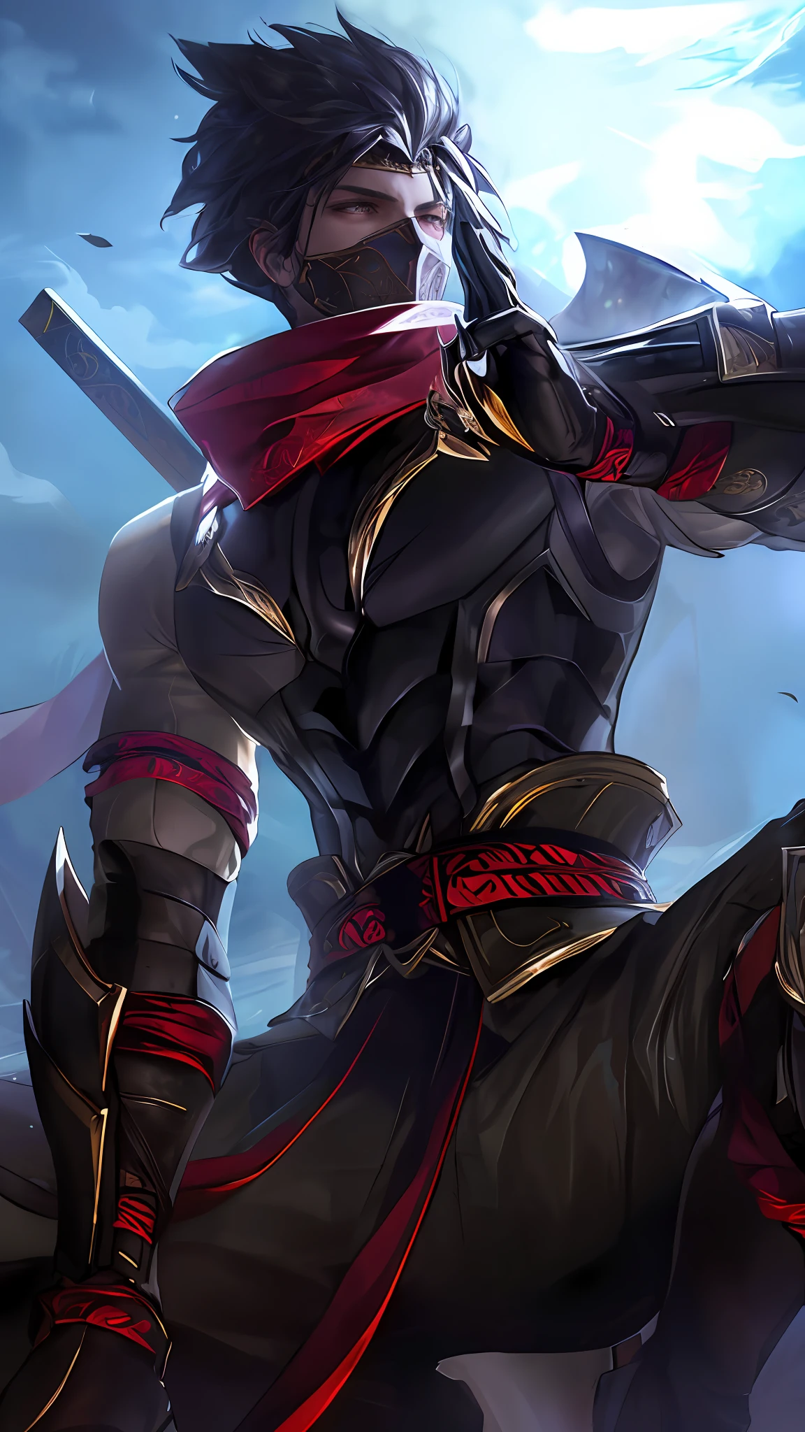 (Absurdres, Intricate Details, Masterpiece, Best Quality, High Resolution, 8k), 1 male, thin, young, aged up, masked, finely detailed eyes and face, auburn low-fade hair, amber eyes, portrait,  looking at viewer, solo, half shot, detailed background, (light fantasy theme:1.1),  focusing, mercenary,  sunshine, floating scraps,  color plate armor, divine aura, bright realistic lighting, marble castle, intense atmosphere, circlet, coat of arms,  brazier,  , Depth of Field, VFX.