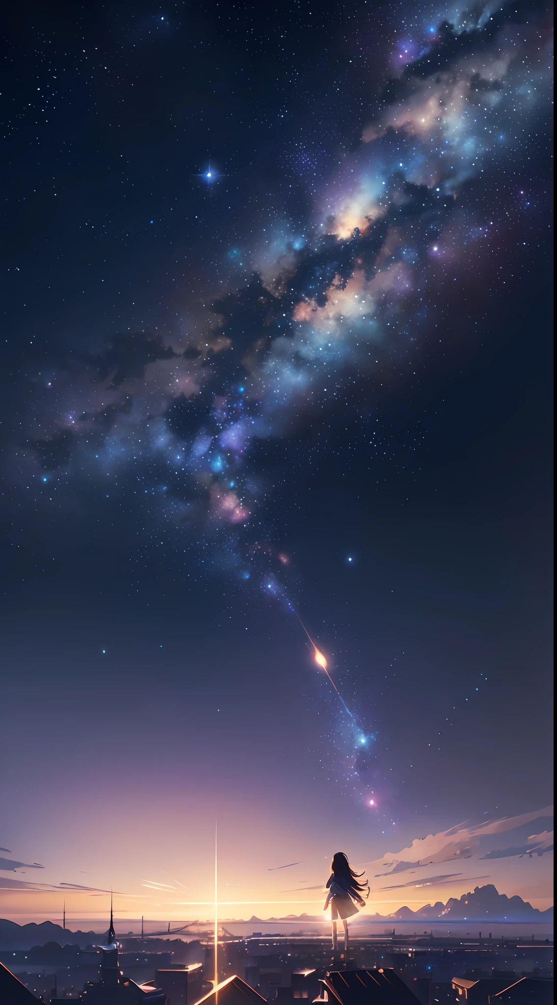 Ultra HD, 8K, Starry Sky, Universe, Night, Makoto Shinkai's concept art, Tumblr, Magical Realism, Beautiful Anime Scene, Cosmic Sky. by Makoto Shinkai, ( ( ( Makoto Shinkai ) ), anime background art, anime background, Makoto Shinkai style, anime movie background, galaxy express, no humans. --s4