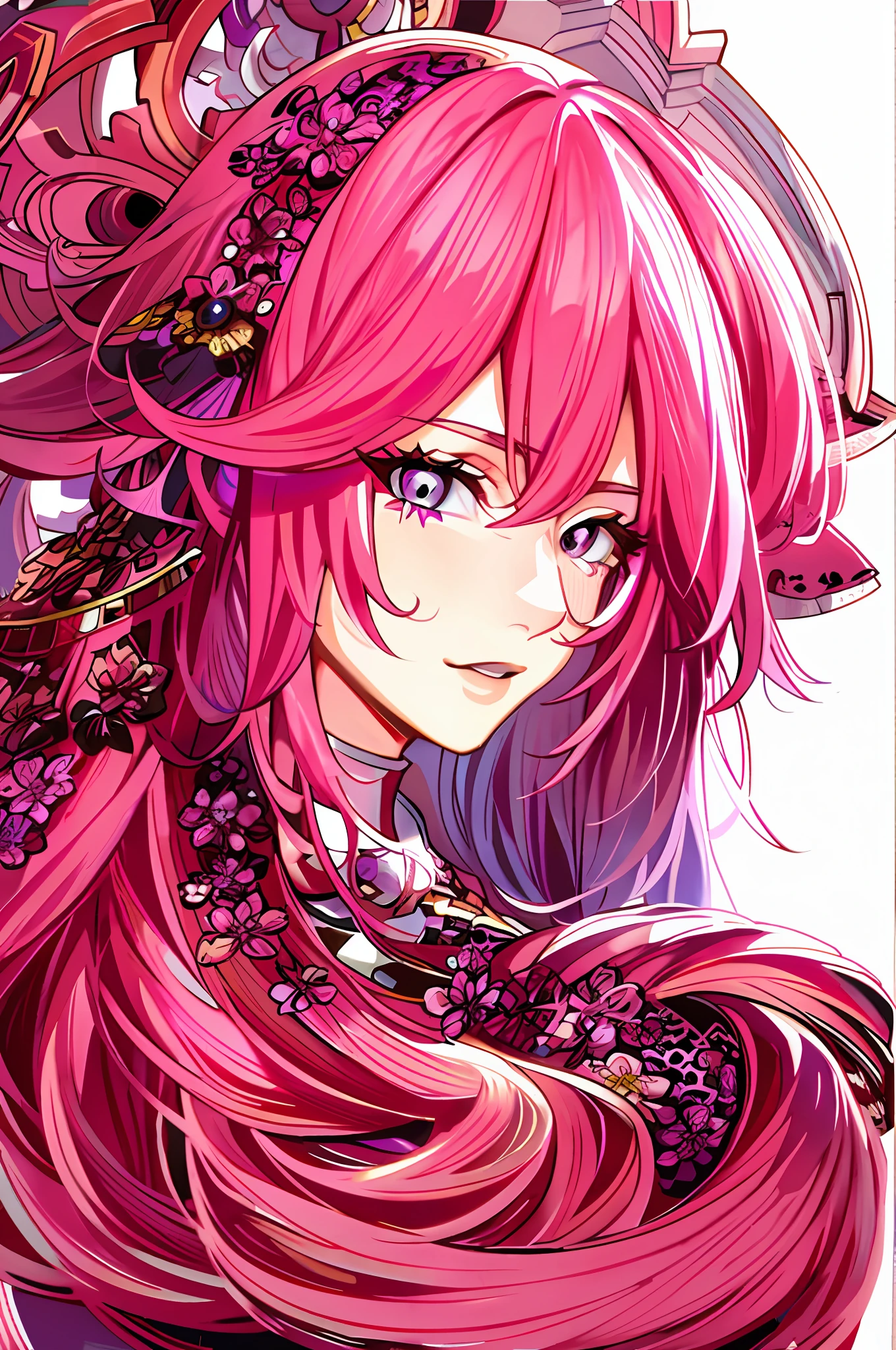 image colored, pink hair, purple eyes, yae miko