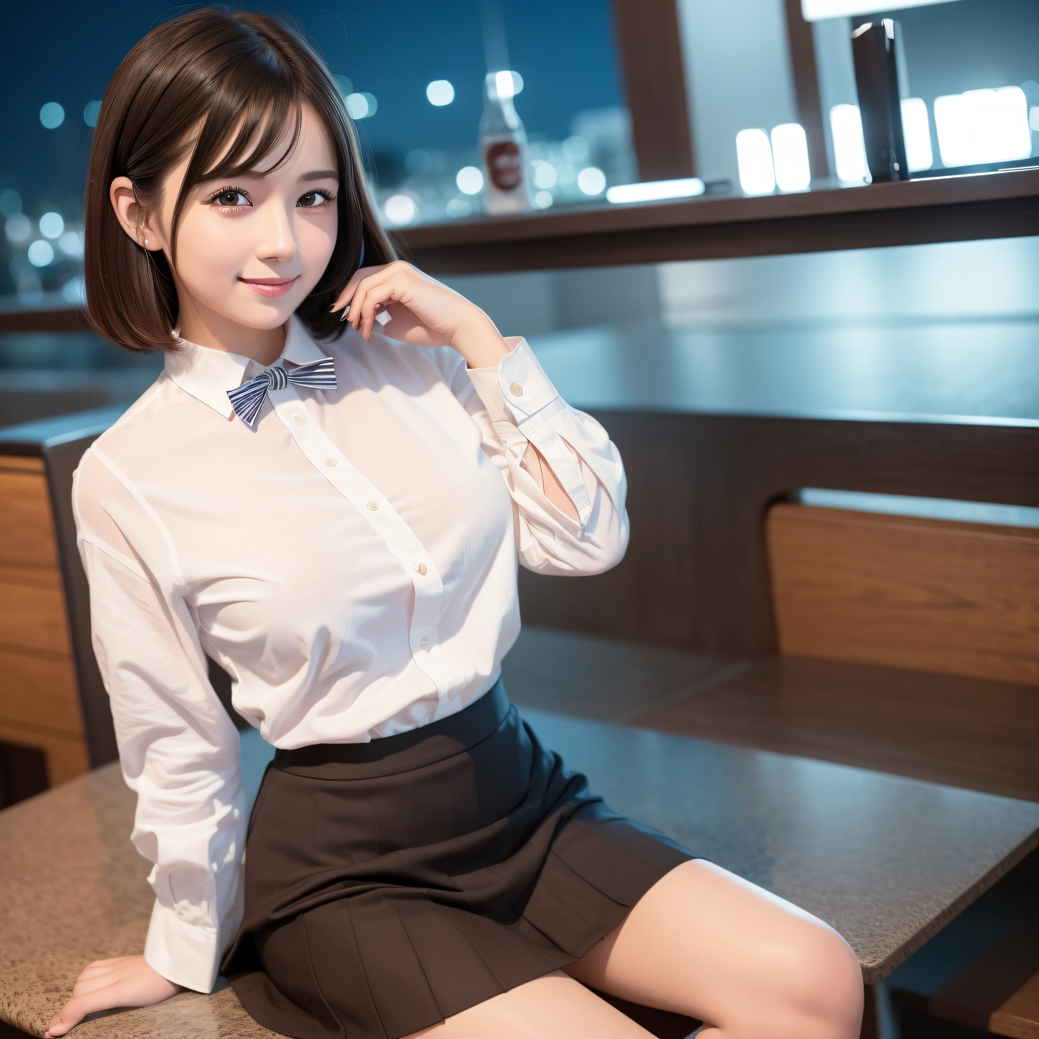 1 girl, (8k, RAW photo, best quality, masterpiece: 1.2), (realistic, photo-realistic: 1.37), ultra-detailed, beautiful, solo, beautiful detailed sky, detailed coffee, night, sitting, (flushed nose), (smile: 1.1), medium breasts, beautiful detailed eyes, long brown hair, (collared shirt: 1.1), bow tie, pleated skirt, (short hair: 1.2), long hair, taking big ice cream,