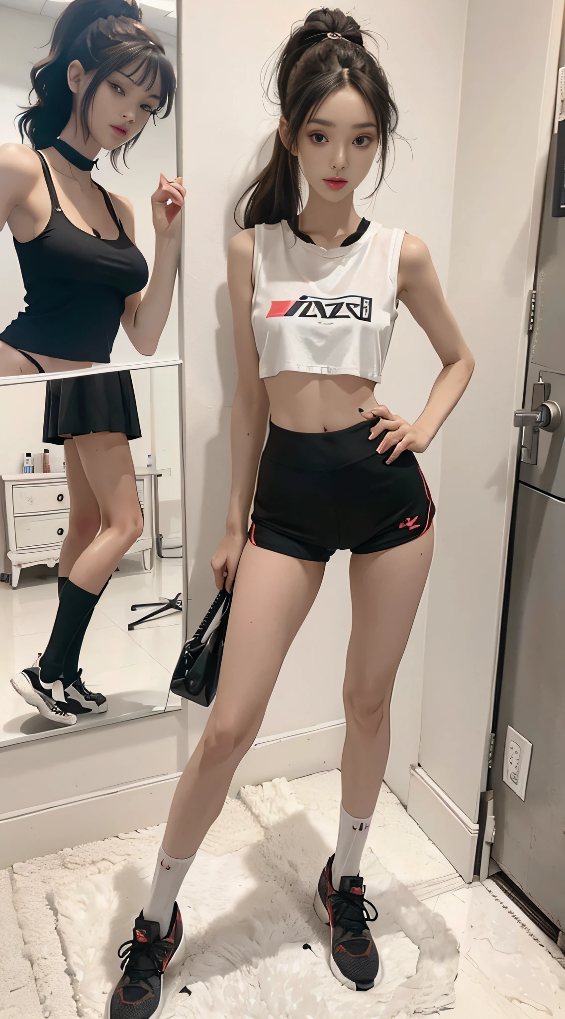 Girl in bra posing for photo, black knee-length socks, ball hair, high ponytail, full body portrait, cropped T-shirt, bra and streetwear, slim figure, smaller bust, slim girl model, 24 year old female model, white high heels, standing posture,