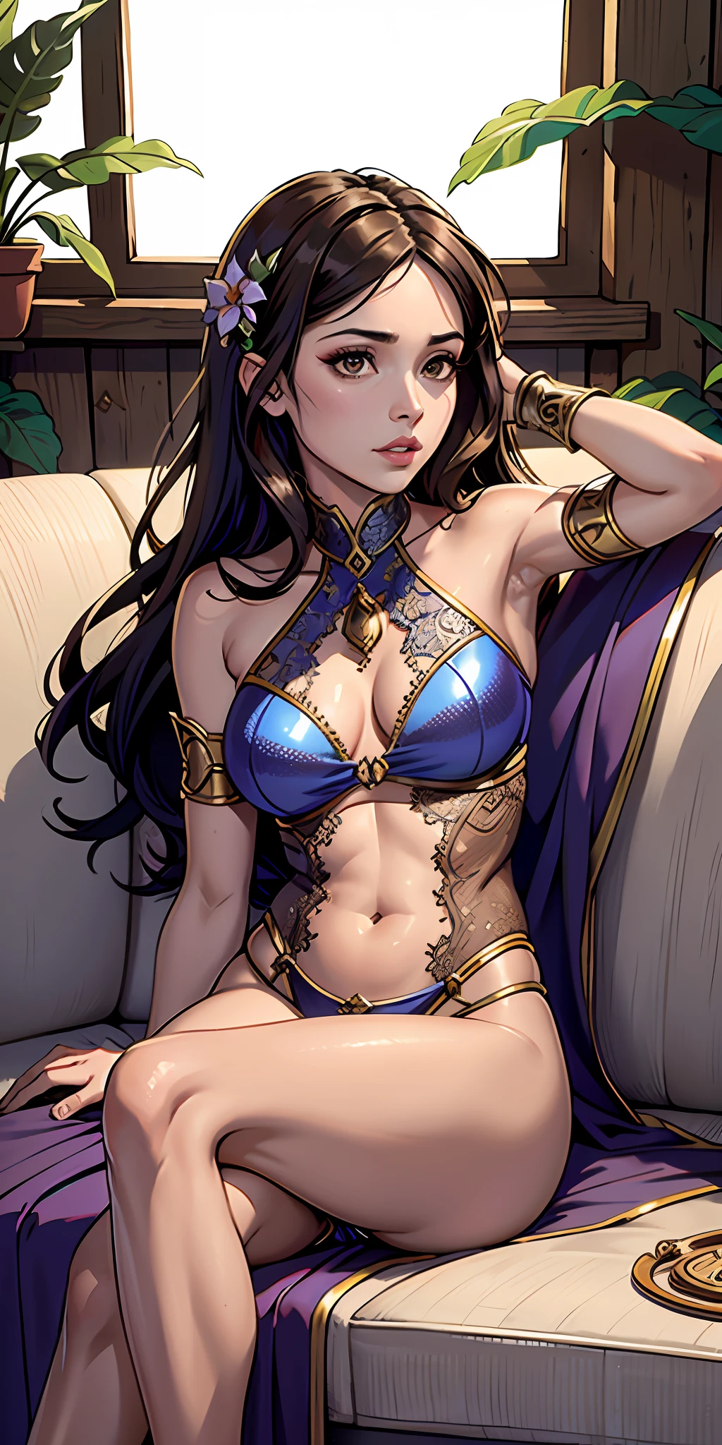 Photorealistic, raw photo, hyper detailed, detailed background, studio lights, chromatic freak, best shadows, solo, 1 woman, an arabian princess, brown skin, brown eyes, wearing sexy Royal BLUE clothing, Medieval Arabia, shoulders showing, navel showing, lace, makeup, small tight breasts, flowers, plants, shiny skin, realistic skin texture, HDR, 8K, sharp focus, cinematic, on a couch,  intimidating, low angle shot, showing her perfect feet, (((feet fetish))),