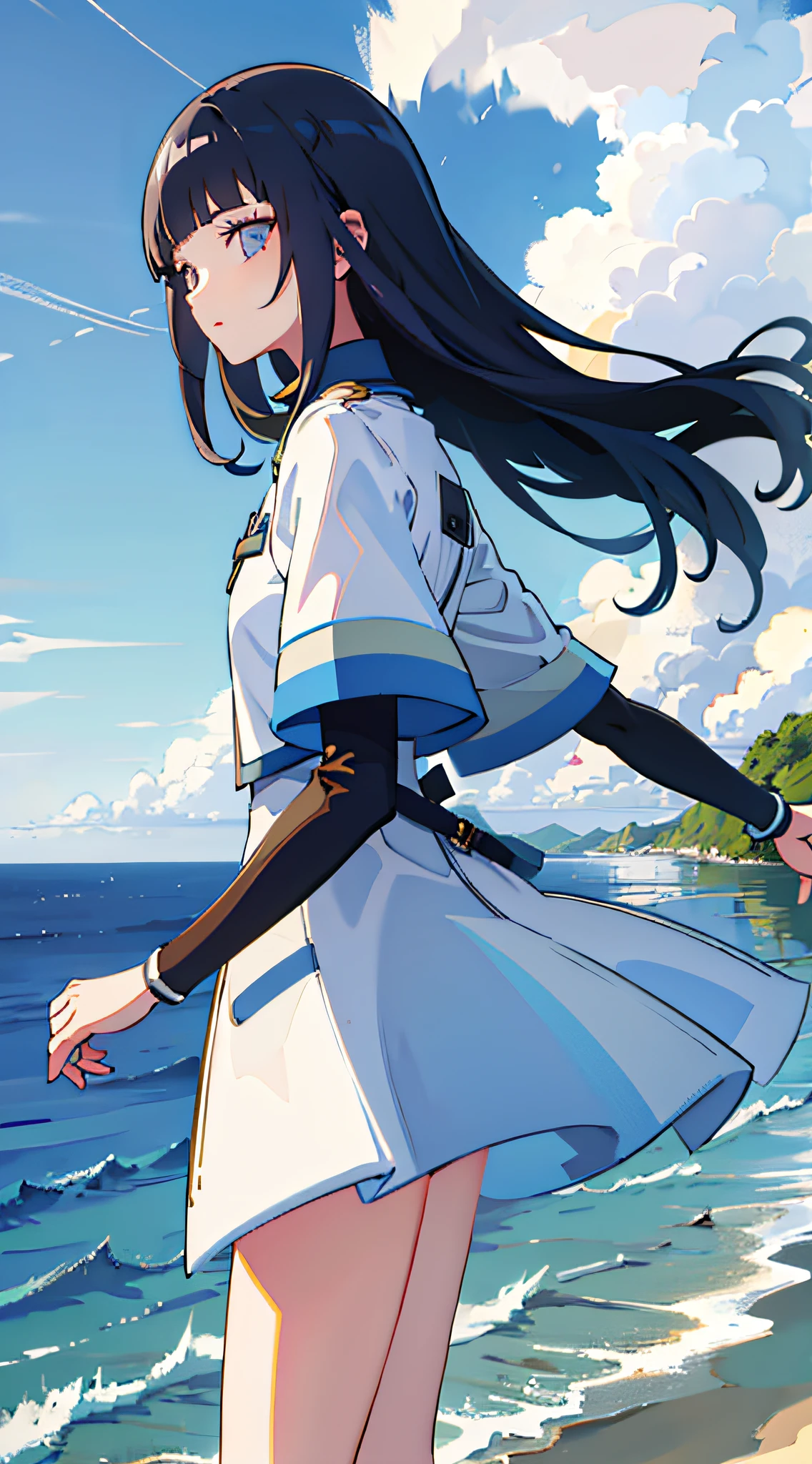 white clothes black hair girl, landscape, vanishing point, from below, masterpiece, top quality, 8k, absurdity, water surface, summer, noon, sunlight, blue sky, perspective, depth of field, high resolution, detail, ultra detail, sharp focus