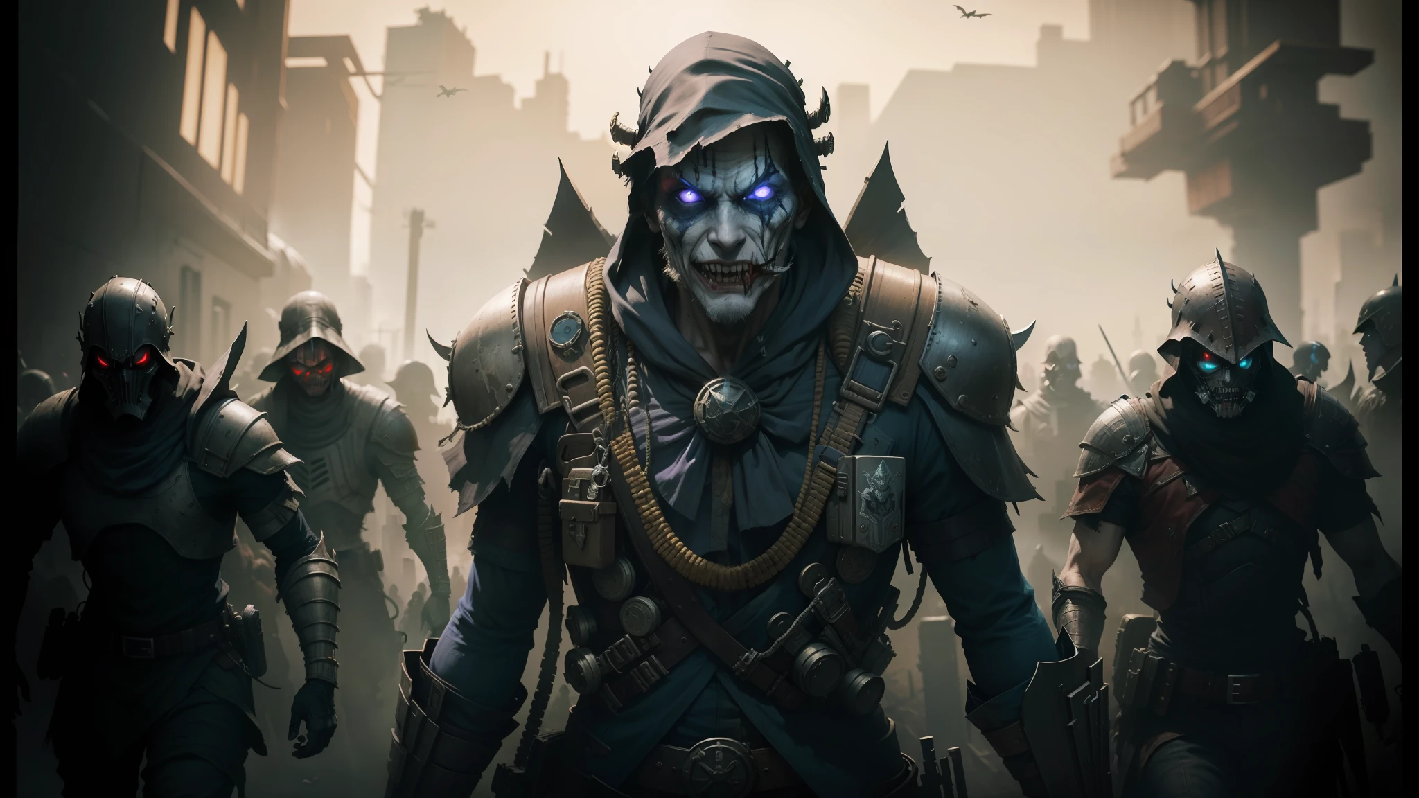 a close up of a person in a costume with a bunch of zombies, eso armor, in style of dieselpunk, joker wearing vader's armor, in style of brad rigney, city is pure wasteland, dark blue segmented armor, african cyberpunk wizards, he wears dark visors, yokai --auto --s2