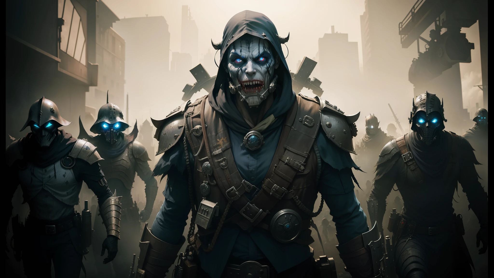 a close up of a person in a costume with a bunch of zombies, eso armor, in style of dieselpunk, joker wearing vader's armor, in style of brad rigney, city is pure wasteland, dark blue segmented armor, african cyberpunk wizards, he wears dark visors, yokai --auto --s2