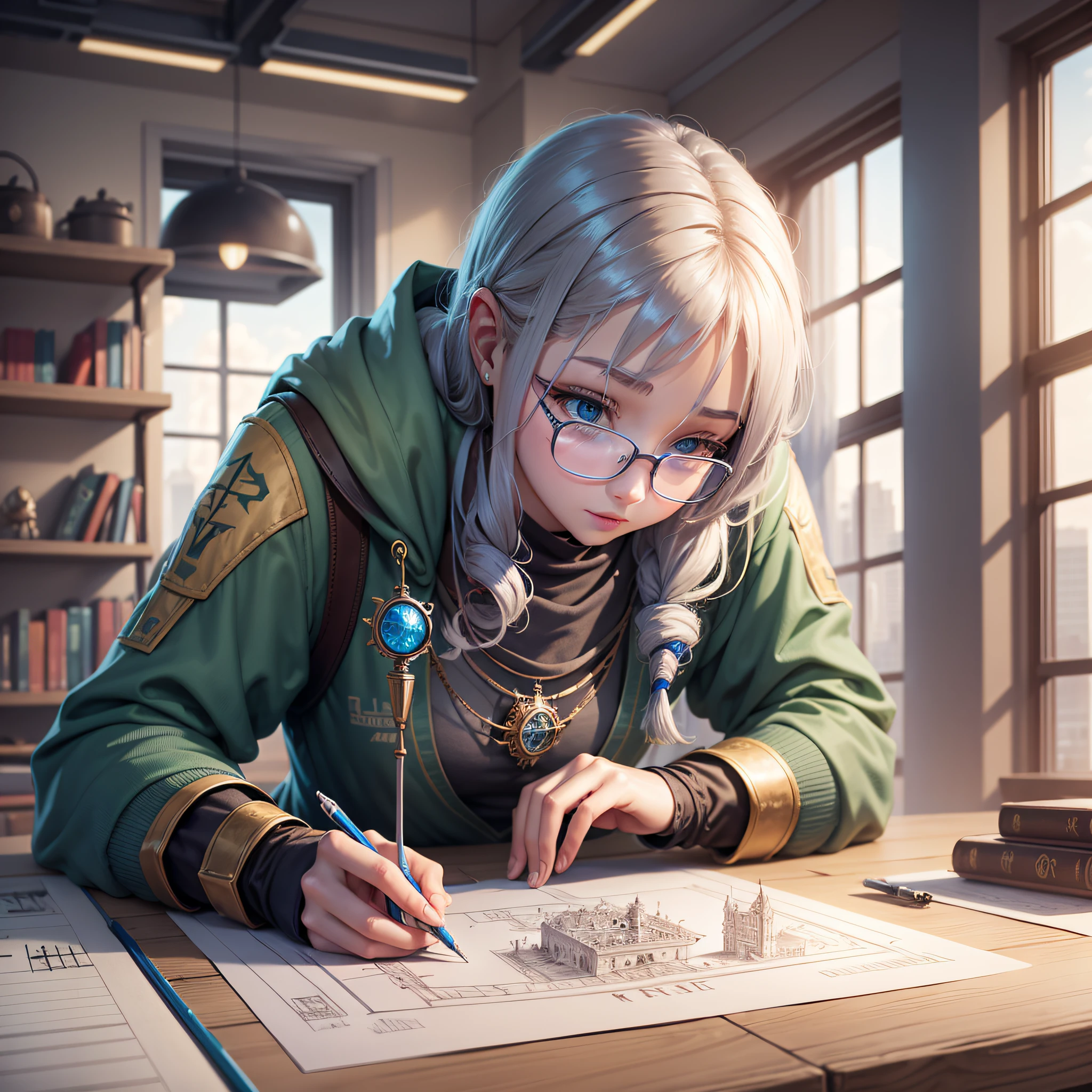 in magical tower, Smart young human engineer, Human engineer drawing engineering drawings, Humans drawing engineering drawings on a table --ar 16:9 --auto --s2