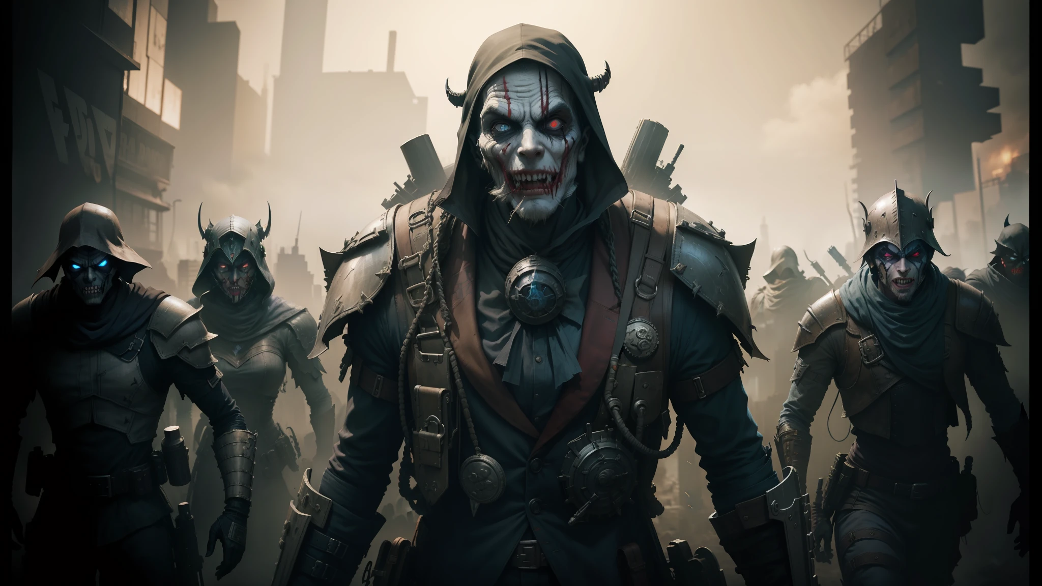 a close up of a person in a costume with a bunch of zombies, eso armor, in style of dieselpunk, joker wearing vader's armor, in style of brad rigney, city is pure wasteland, dark blue segmented armor, african cyberpunk wizards, he wears dark visors, yokai --auto --s2