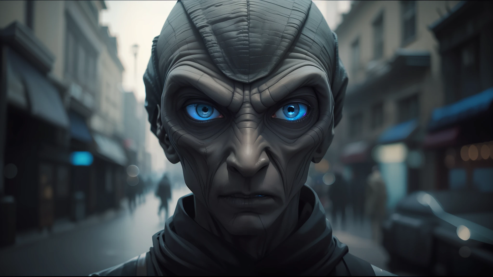 alien looking man with a black jacket and a black scarf, cinematic keyframe, innsmouth, blue color grading, russian, a character based on a haggis, david palladini, alien man with alien woman, realistic parallel content, grey skin, kubric stare, nomad, caps sideways, roman vlasov, by Viktor Oliva --auto --s2