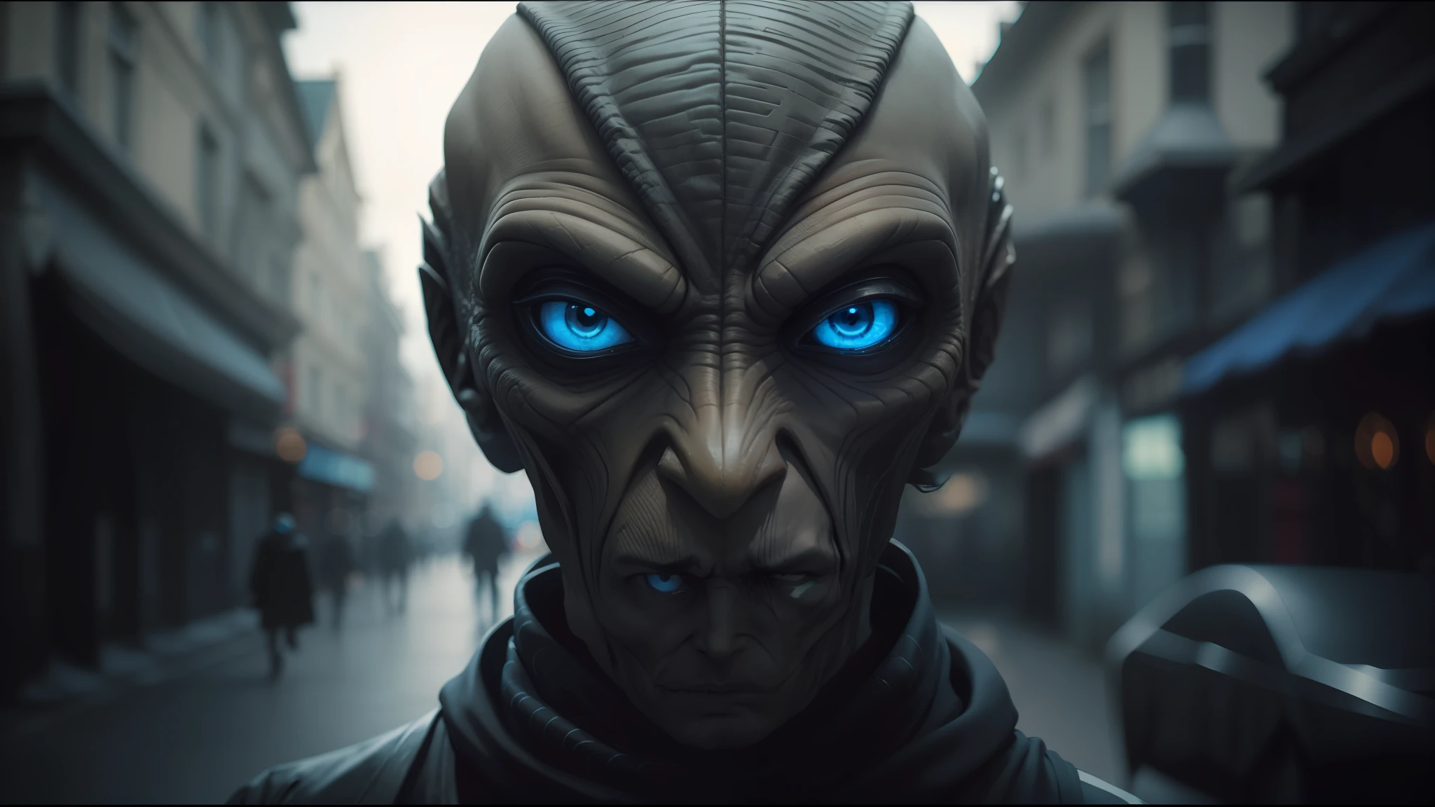 alien looking man with a black jacket and a black scarf, cinematic keyframe, innsmouth, blue color grading, russian, a character based on a haggis, david palladini, alien man with alien woman, realistic parallel content, grey skin, kubric stare, nomad, caps sideways, roman vlasov, by Viktor Oliva --auto --s2