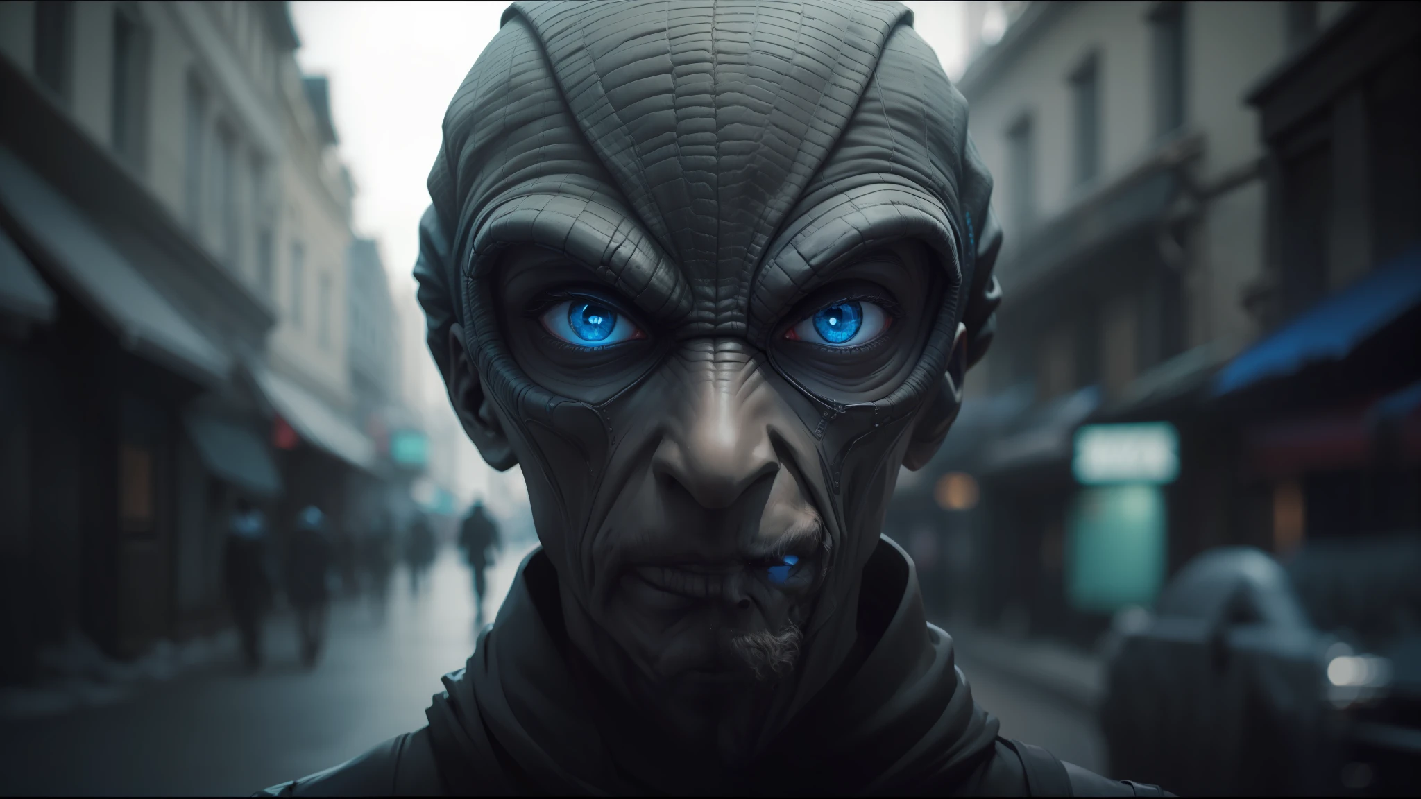 alien looking man with a black jacket and a black scarf, cinematic keyframe, innsmouth, blue color grading, russian, a character based on a haggis, david palladini, alien man with alien woman, realistic parallel content, grey skin, kubric stare, nomad, caps sideways, roman vlasov, by Viktor Oliva --auto --s2