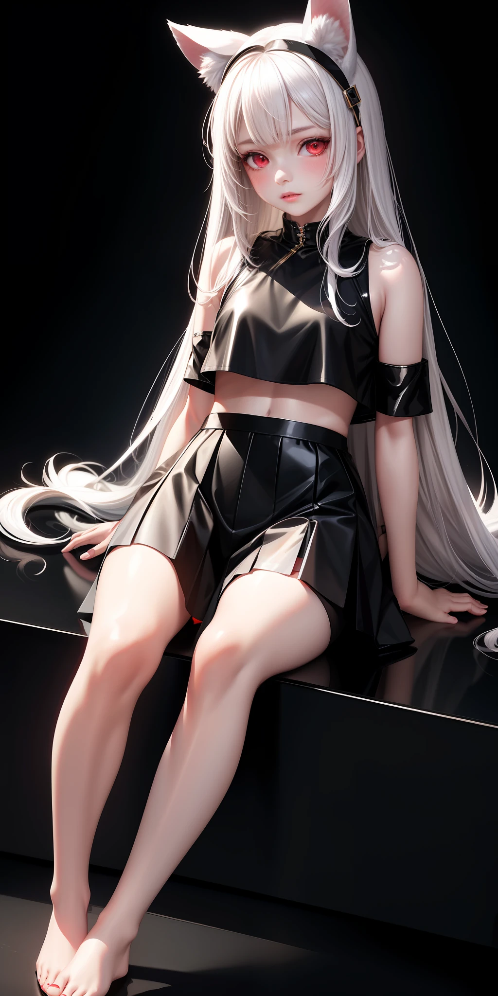 Realistic, 1girl, white hair, animal ears, 14 years old loli, red eyes, glowing eyes, cropped top, skirt, parted lips, blush, night, black stockings, soles of feet, transparent shirt, delicate face, 8k, very detailed CG