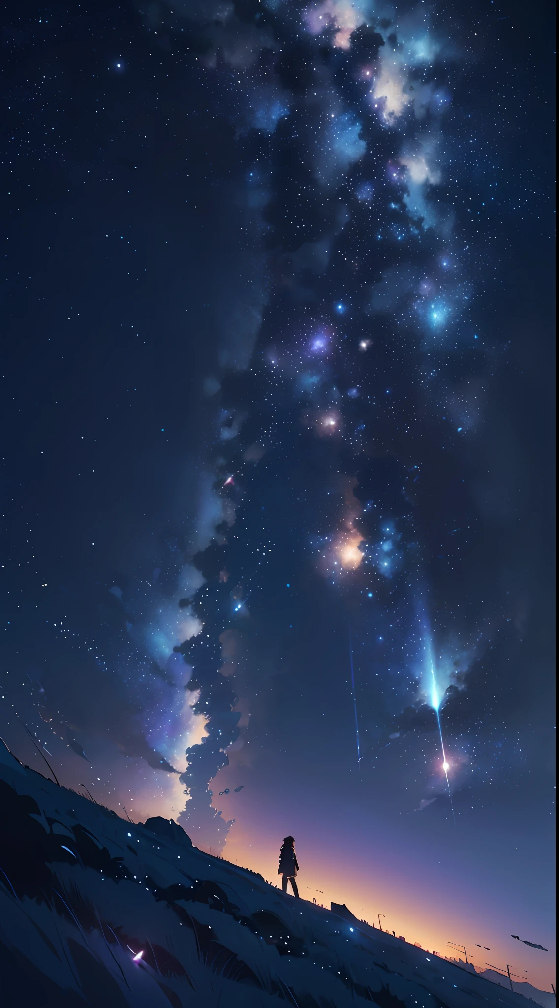Ultra HD, 8K, Starry Sky, Universe, Night, Makoto Shinkai's concept art, Tumblr, Magical Realism, Beautiful Anime Scene, Cosmic Sky. by Makoto Shinkai, ( ( ( Makoto Shinkai ) ), anime background art, anime background, Makoto Shinkai style, anime movie background, galaxy express, no humans.  --s4