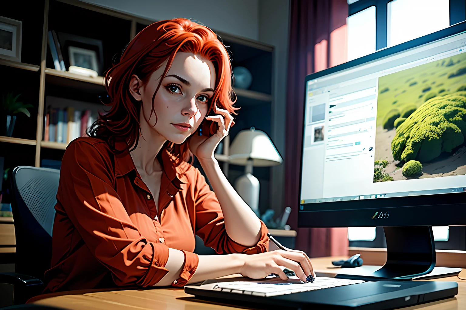Woman with red hair, in a green blouse, sitting at a computer desk, looking at the monitor and typing on the keyboard, hyperrealism, complex details, bright lighting