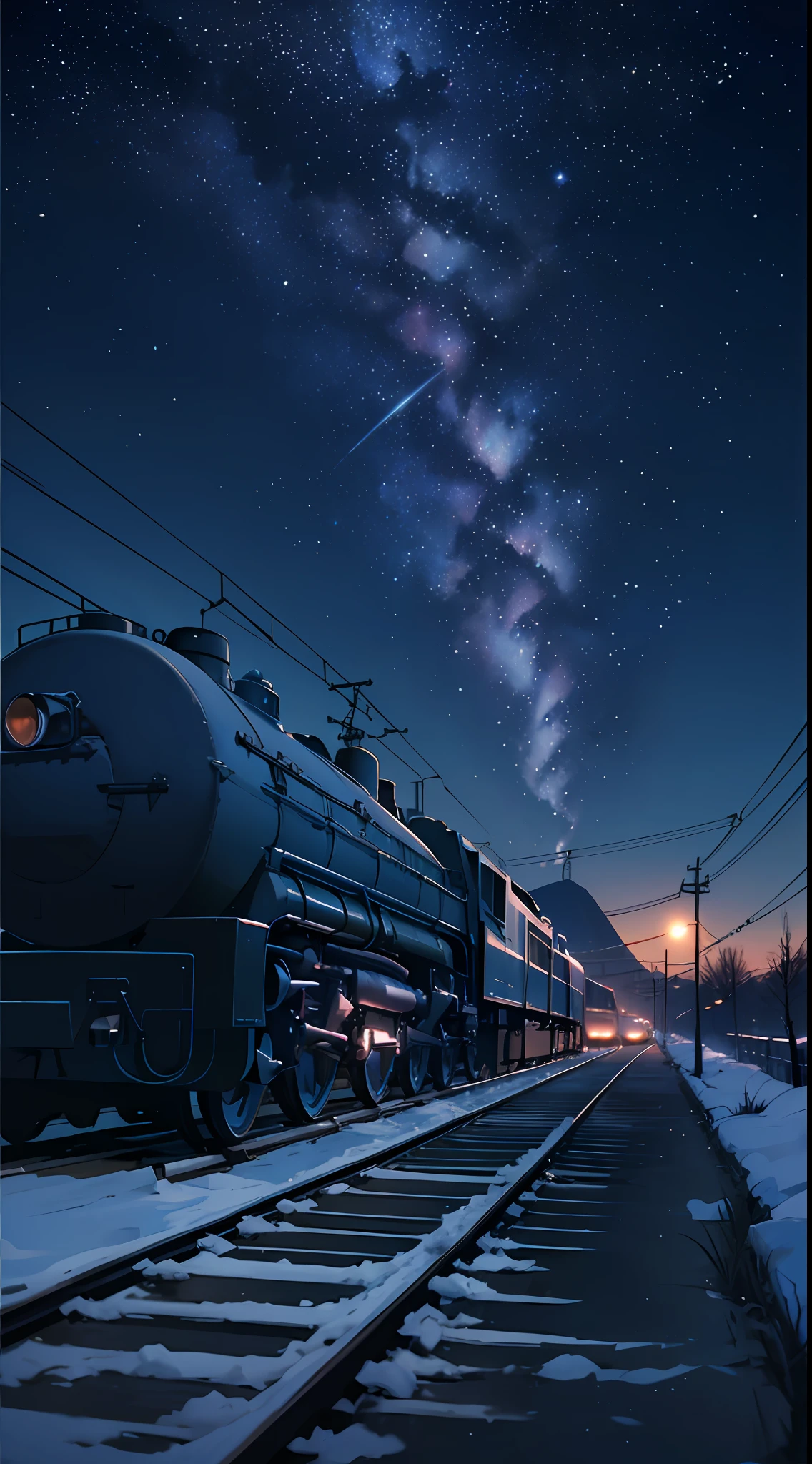 There is a train running along the tracks in the snow, Ultra HD, 8K, Starry Sky, Universe, Night, Aurora, Makoto Shinkai's concept art, Tumblr, Magical Realism, Beautiful Anime Scene, Cosmic Sky. by Makoto Shinkai, ( ( ( Makoto Shinkai ) ), anime background art, anime background, Makoto Shinkai style, anime movie background, galaxy express, no humans.  --s4