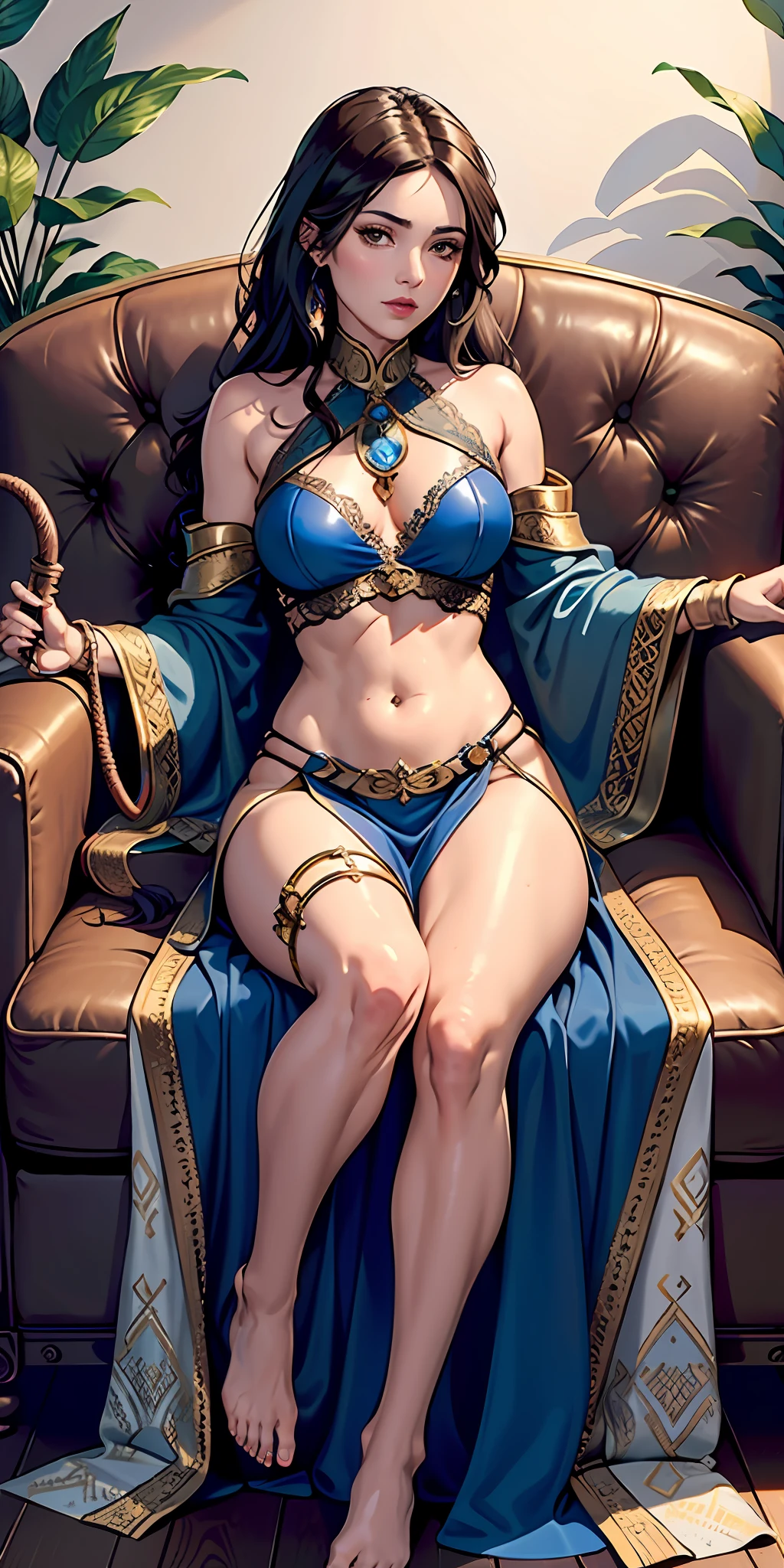 Photorealistic, raw photo, hyper detailed, detailed background, studio lights, chromatic freak, best shadows, solo, 1 woman, an arabian princess, brown skin, brown eyes, wearing  Royal BLUE clothing, Medieval Arabia, shoulders showing, navel showing, lace, makeup, small tight , flowers, plants, shiny skin, realistic skin texture, HDR, 8K, sharp focus, cinematic, on a couch,  intimidating, low angle shot, showing her perfect feet, (((feet ))), ((holding a leather whip))