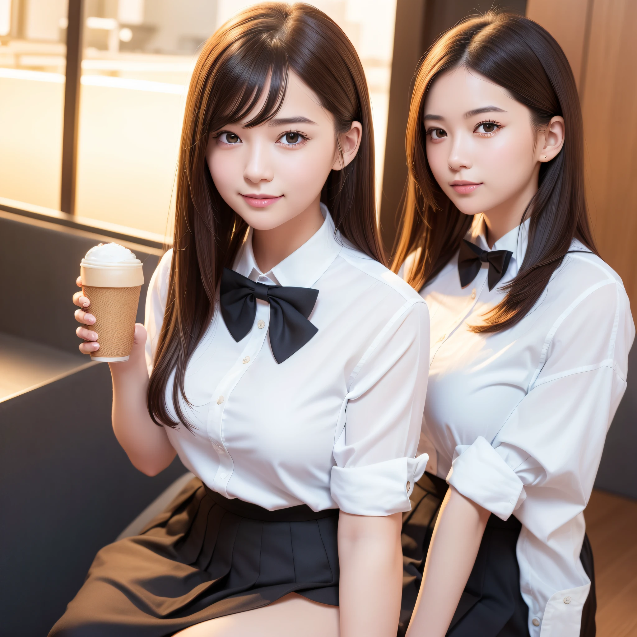 1 girl, (8k, RAW photo, best quality, masterpiece: 1.2), (realistic, photo-realistic: 1.37), ultra-detailed, beautiful, solo, beautiful detailed sky, detailed coffee, night, sitting, (flushed nose), (smile: 1.1), medium breasts, beautiful detailed eyes, long brown hair, (collared shirt: 1.1), bow tie, pleated skirt, (short hair: 1.2), long hair, taking big ice cream,