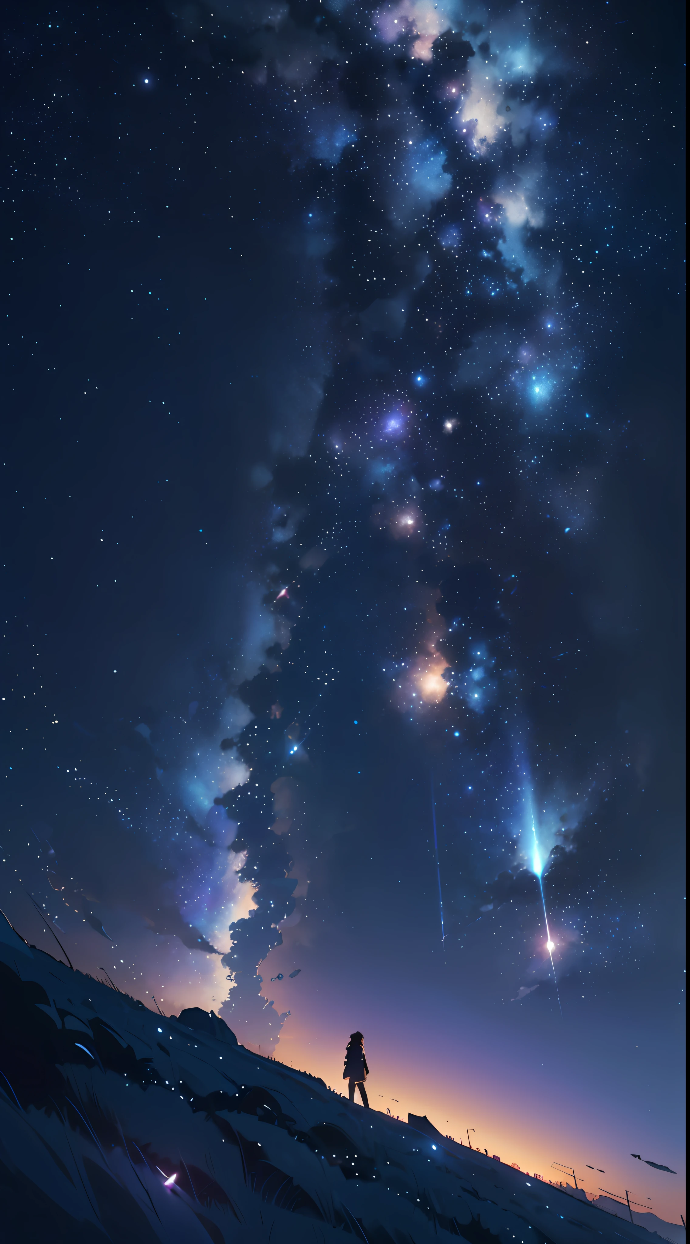 Ultra HD, 8K, Starry Sky, Universe, Night, Makoto Shinkai's concept art, Tumblr, Magical Realism, Beautiful Anime Scene, Cosmic Sky. by Makoto Shinkai, ( ( ( Makoto Shinkai ) ), anime background art, anime background, Makoto Shinkai style, anime movie background, galaxy express, no humans.  --s4