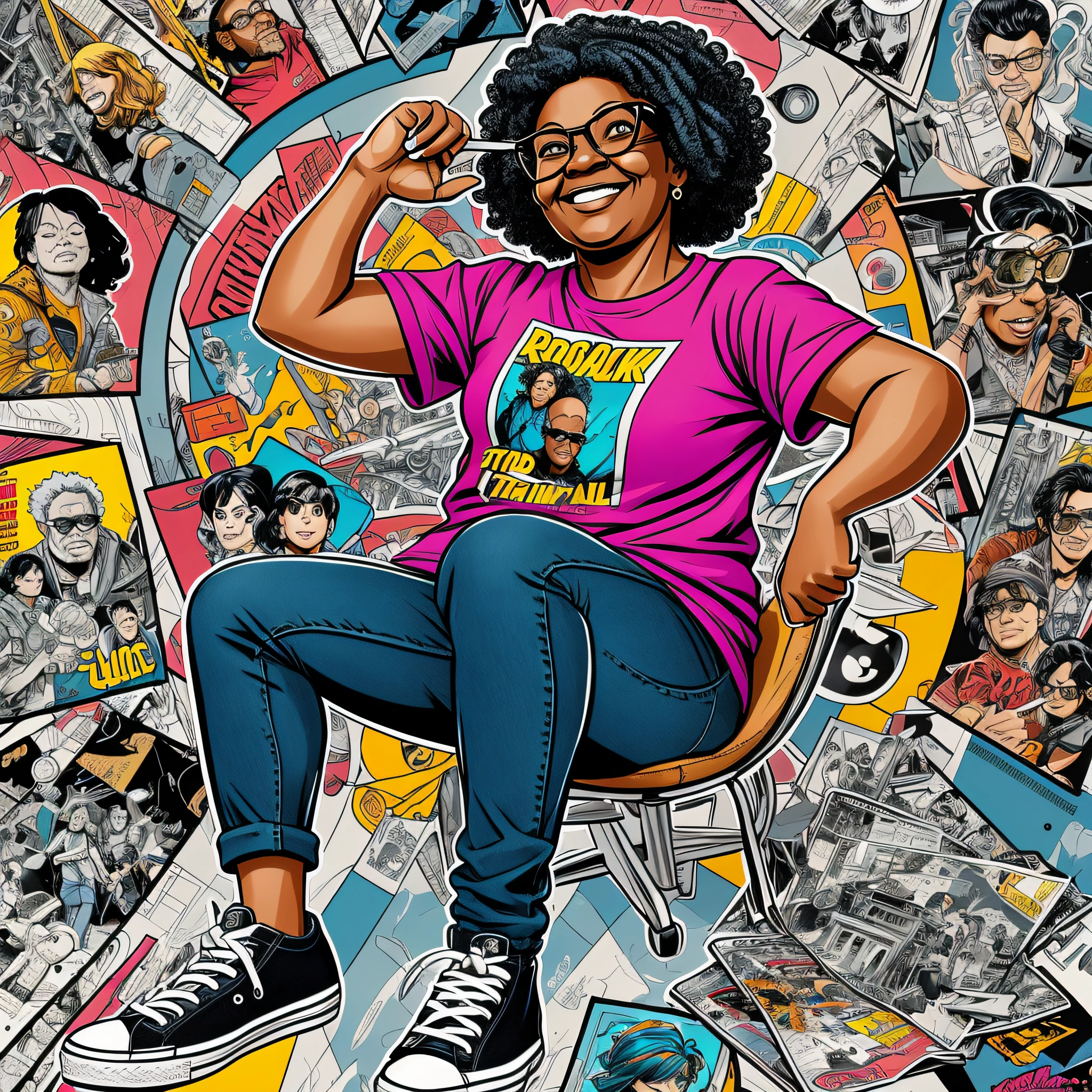 realistic photo CHARACTER PROFILE. illustration. A black old woman, overweight, BLACK HAIR, not muscular, smiling, wearing prescription glasses and dressed in the 80's style. T-shirt with rock and roll illustration. ElA is a nerd and her hands are well drawn. NOSTRAR CHARACTER full body. ElA is HOLDING an OLD GUITAR. wearing jeans, punk t-shirt, all star sneakers and the illustration is done in comic art. concept art, conceptual art, UHD --auto --s2