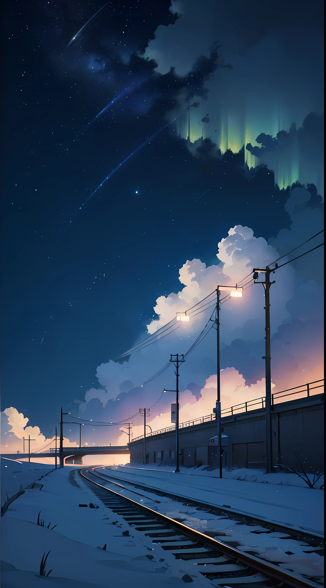 There is a train running along the tracks in the snow, Ultra HD, 8K, Starry Sky, Universe, Night, Aurora, Makoto Shinkai's concept art, Tumblr, Magical Realism, Beautiful Anime Scene, Cosmic Sky. by Makoto Shinkai, ( ( ( Makoto Shinkai ) ), anime background art, anime background, Makoto Shinkai style, anime movie background, galaxy express, no humans.  --s4