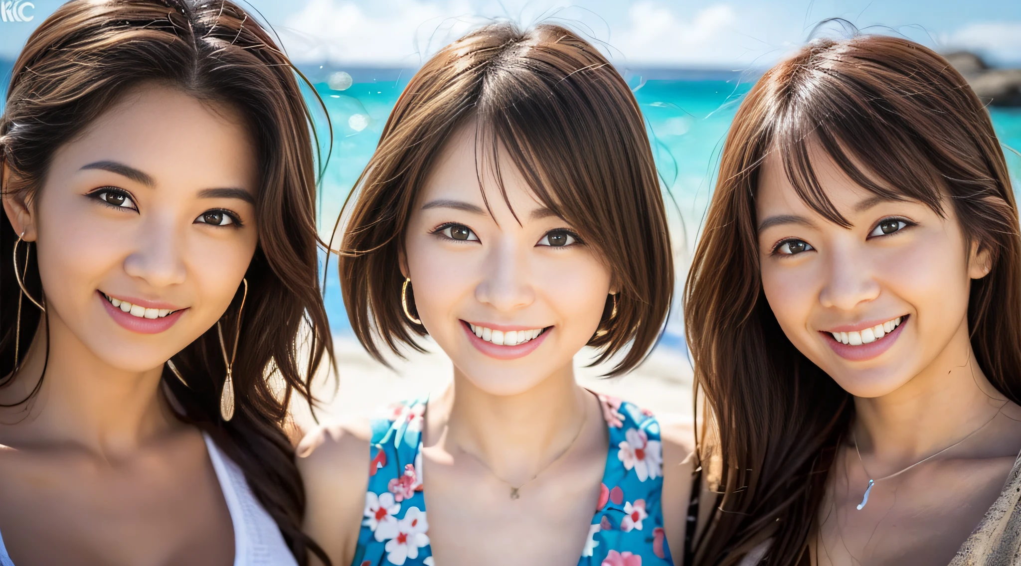 group of girls on the beach in Okinawa, cute, cute, sexy, smiling, laughing, posing, looking at the viewer, ((best quality, masterpiece)))), (very detail))), RAW photo, realistic, cinematic lighting, best quality, 8k uhd,