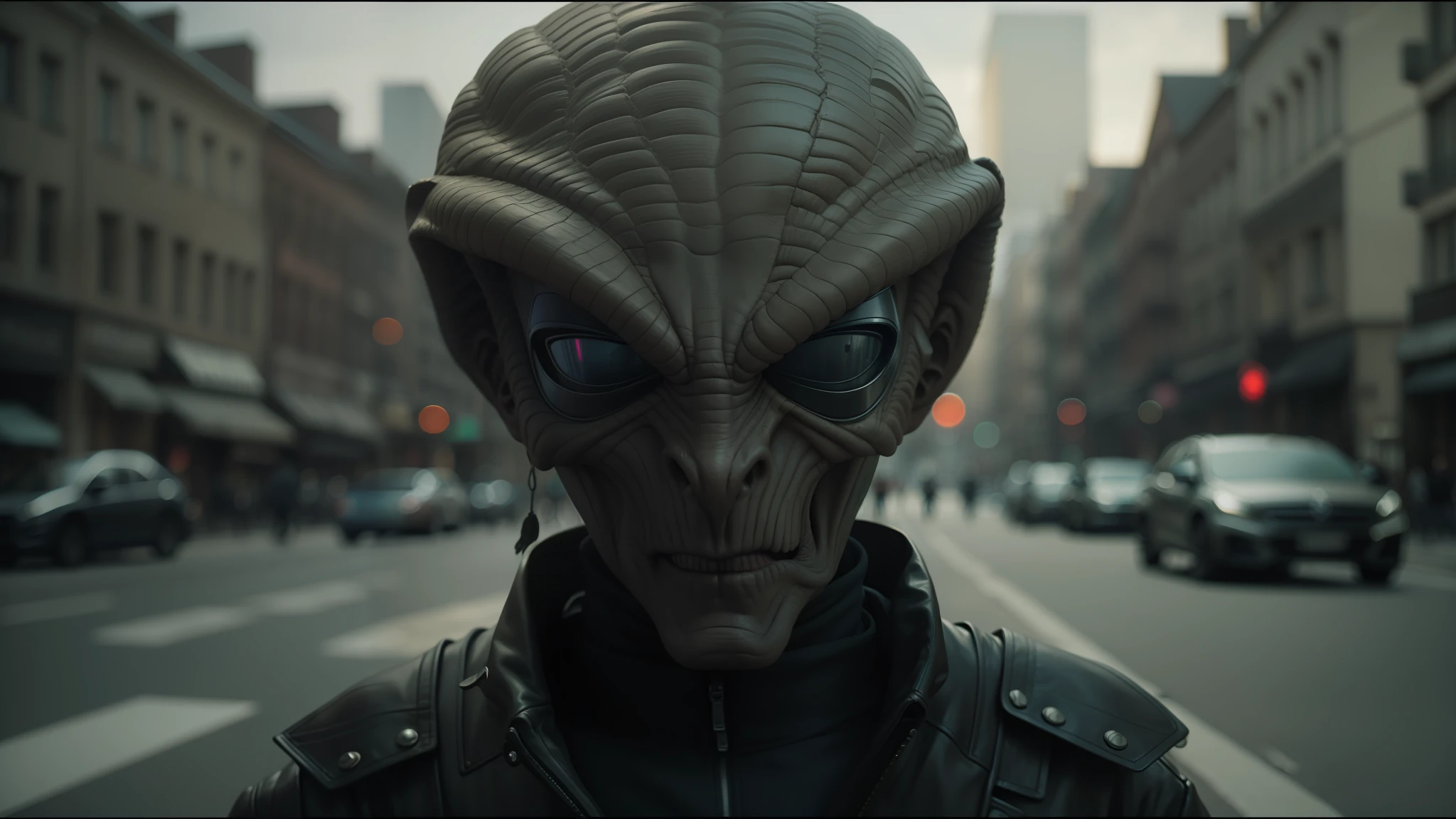 alien looking man in a leather jacket on a city street, vfx film, romain jouandeau, the orville, rpg portrait, inspired by Théodore Chassériau, awarded on cgsociety, snake-face female guard, by René Auberjonois, metabaron --auto --s2